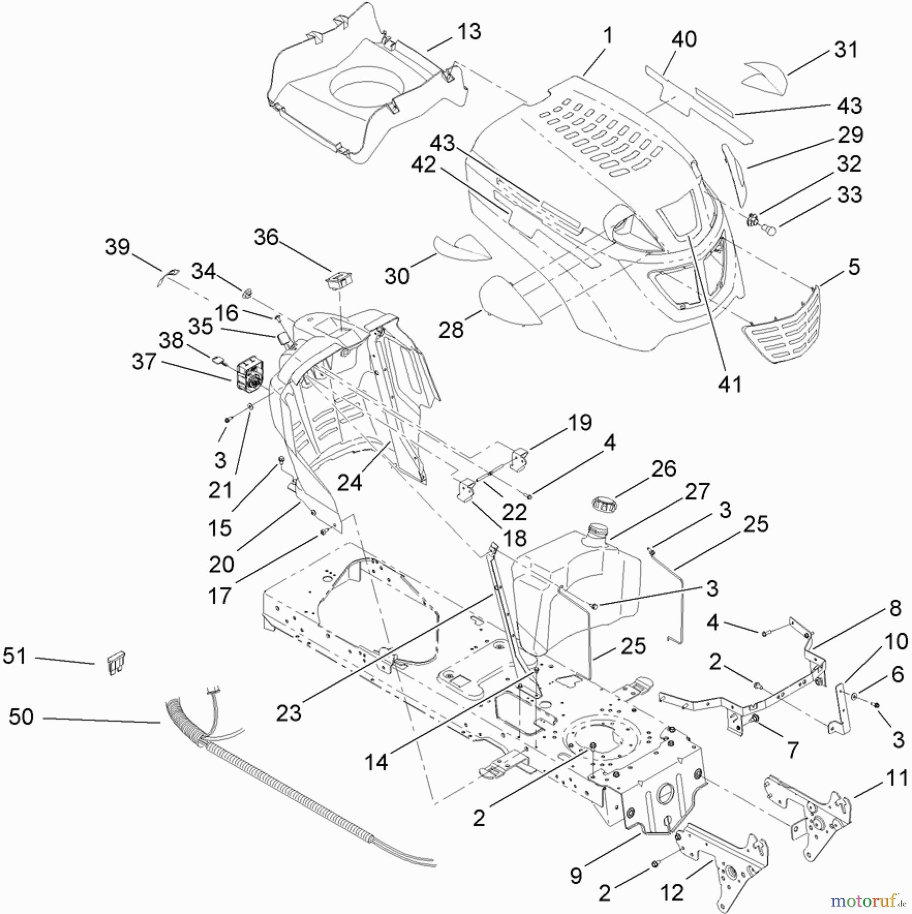 Toro Neu Mowers, Lawn & Garden Tractor Seite 1 13AL60RG048 (LX426) - Toro LX426 Lawn Tractor, 2008 (SN 1L107H10100-) FUEL TANK, HOOD AND DASH ASSEMBLY