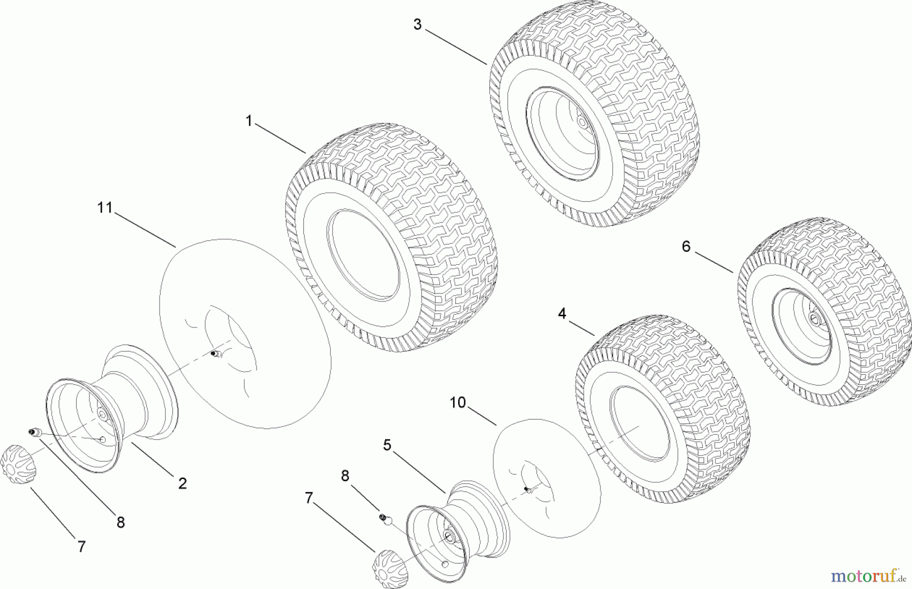 Toro Neu Mowers, Lawn & Garden Tractor Seite 1 13AP60RP544 (LX500) - Toro LX500 Lawn Tractor, 2006 (1A056B50000-) FRONT AND REAR WHEEL ASSEMBLY