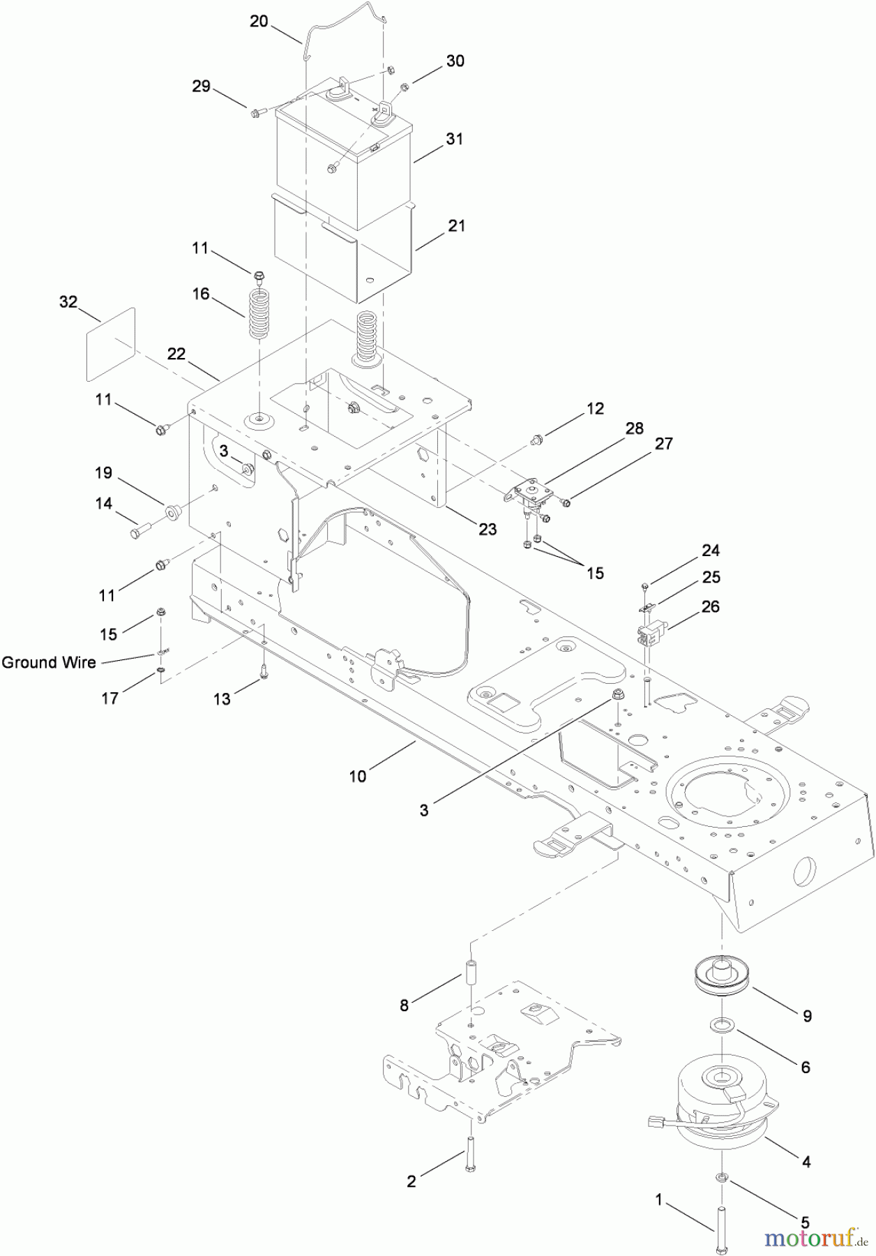 Toro Neu Mowers, Lawn & Garden Tractor Seite 1 13AP61RH048 (LX468) - Toro LX468 Lawn Tractor, 2008 (SN 1C108H20348-) FRAME, BATTERY AND ELECTRIC PTO ASSEMBLY
