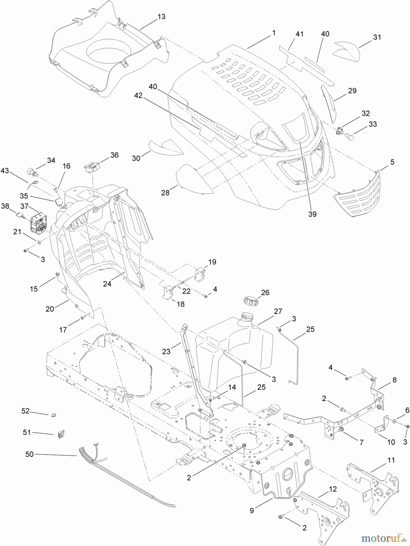 Toro Neu Mowers, Lawn & Garden Tractor Seite 1 13AP61RH048 (LX468) - Toro LX468 Lawn Tractor, 2008 (SN 1C108H20348-) FUEL TANK, HOOD AND DASH ASSEMBLY