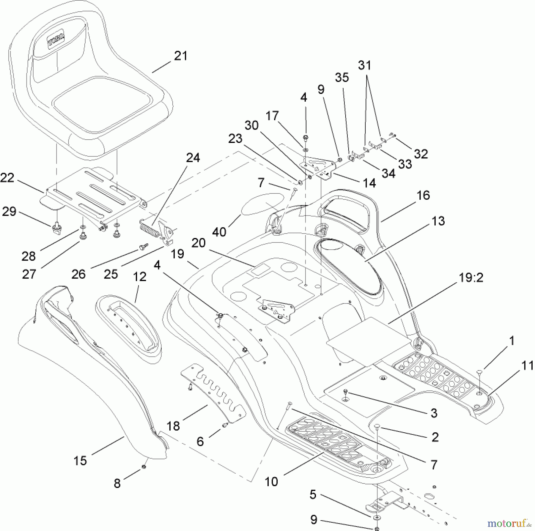 Toro Neu Mowers, Lawn & Garden Tractor Seite 1 13AP62RP544 (SL500) - Toro SL500 Super Lawn Tractor, 2007 (1B157H20701-) SEAT AND FENDER ASSEMBLY