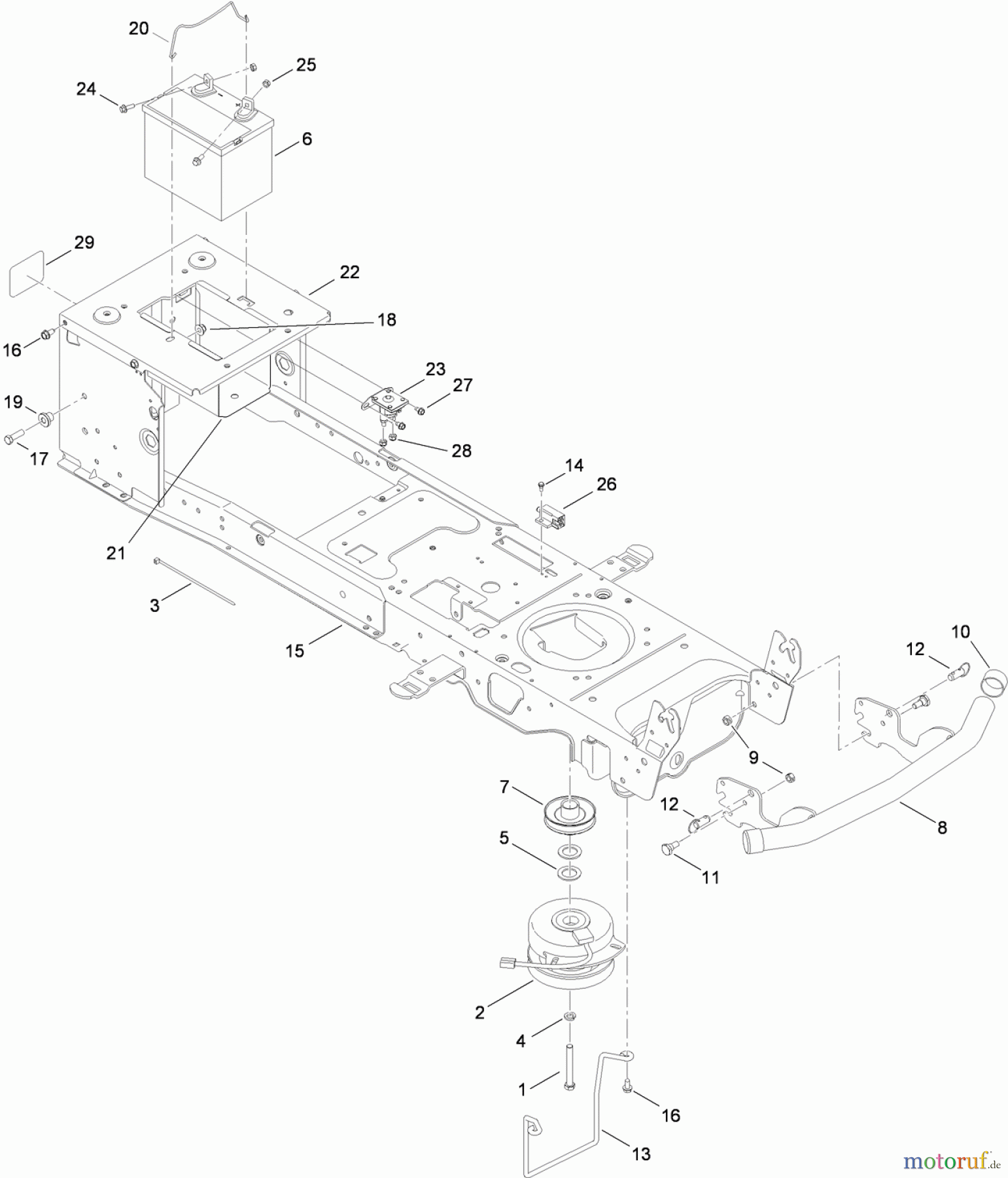 Toro Neu Mowers, Lawn & Garden Tractor Seite 1 13AP91RT848 (LX468) - Toro LX468 Lawn Tractor, 2010 (1-1) FRAME, BATTERY AND ELECTRIC PTO ASSEMBLY