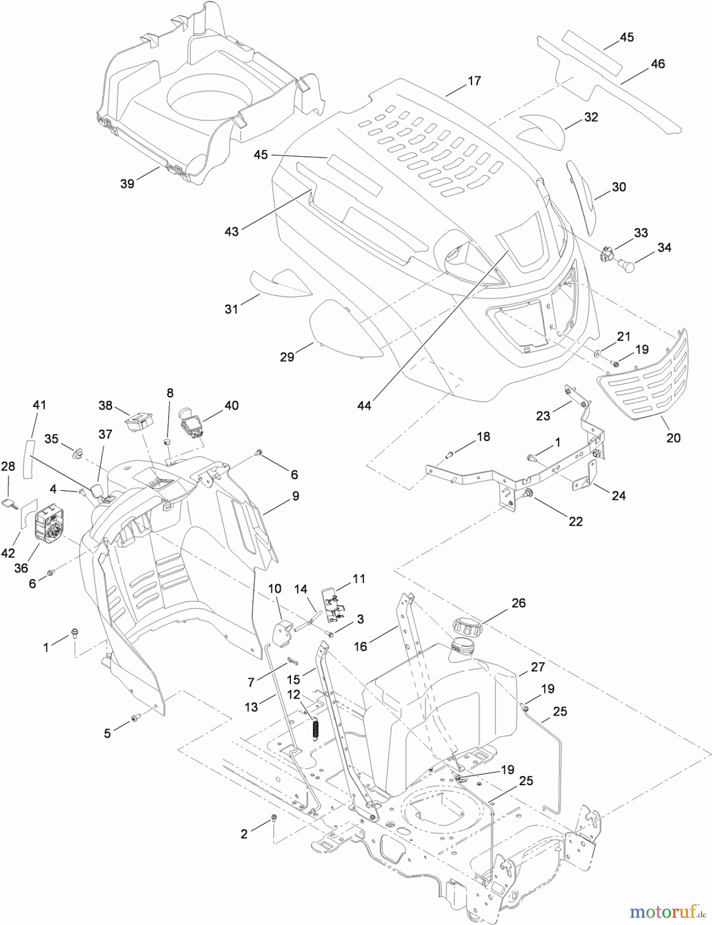 Toro Neu Mowers, Lawn & Garden Tractor Seite 1 13AP91RT848 (LX468) - Toro LX468 Lawn Tractor, 2010 (1-1) FUEL TANK, HOOD AND DASH ASSEMBLY