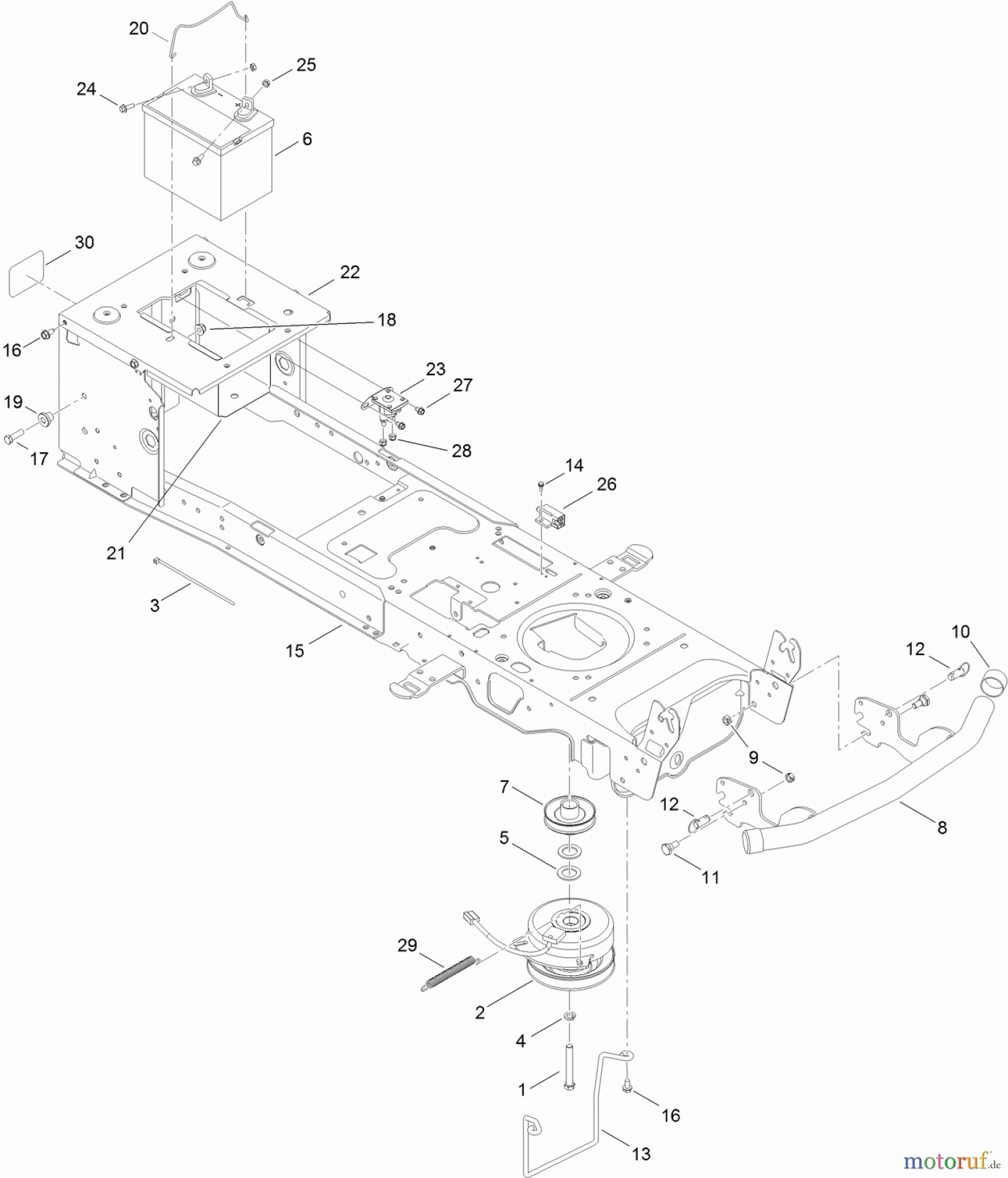 Toro Neu Mowers, Lawn & Garden Tractor Seite 1 13AP91RT848 (LX468) - Toro LX468 Lawn Tractor, 2012 (SN 1-1) FRAME, BATTERY AND ELECTRIC PTO ASSEMBLY