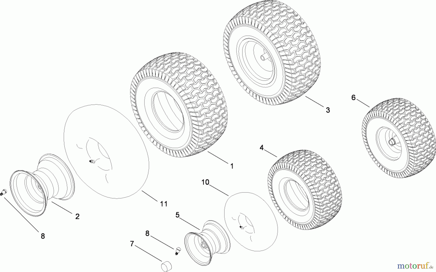 Toro Neu Mowers, Lawn & Garden Tractor Seite 1 13AT61RH044 (LX466) - Toro LX466 Lawn Tractor, 2008 (SN 1L137H10100 -) FRONT AND REAR WHEEL ASSEMBLY