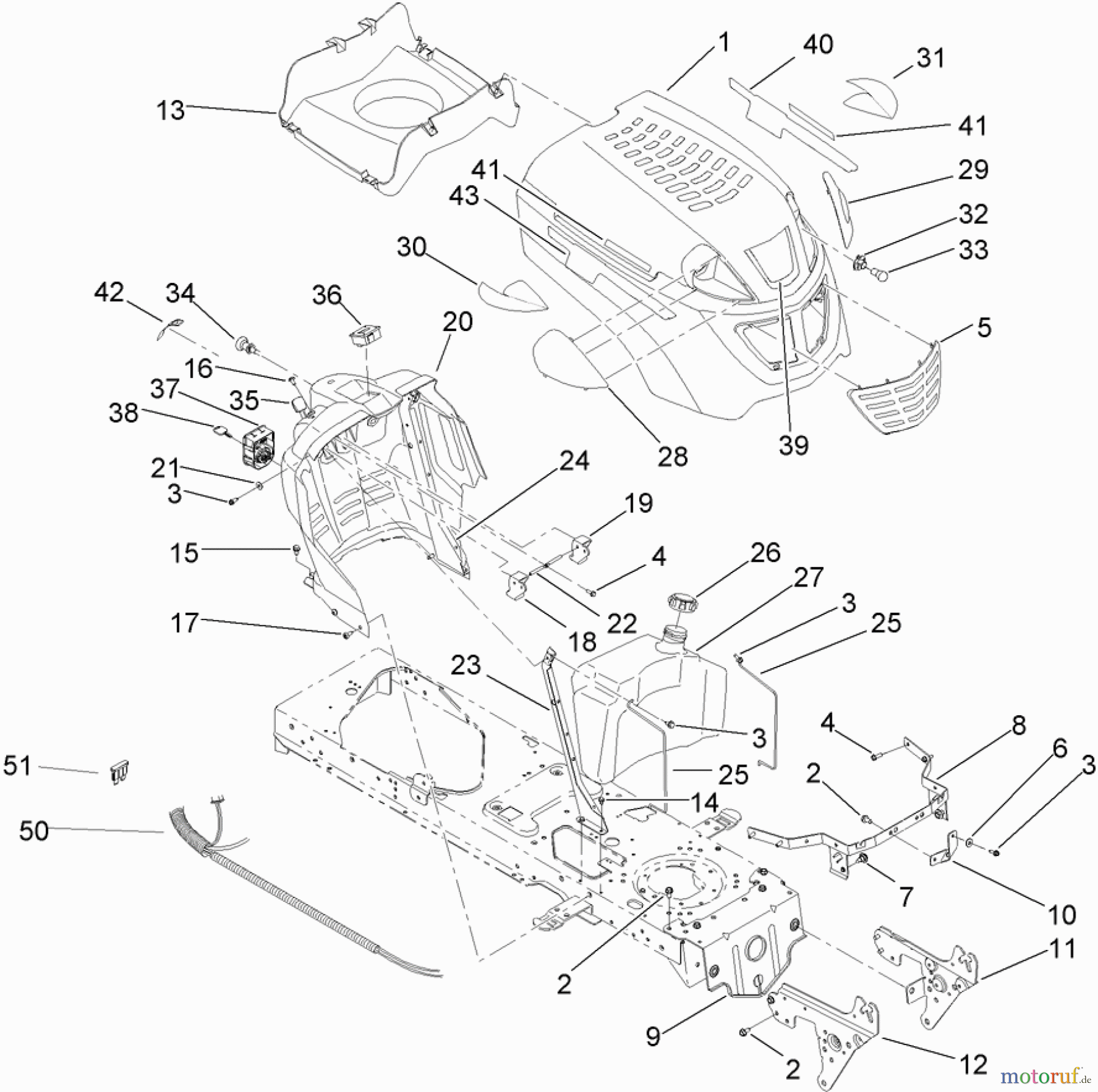 Toro Neu Mowers, Lawn & Garden Tractor Seite 1 13AT61RH048 (LX466) - Toro LX466 Lawn Tractor, 2008 (SN 1L137H10100-) HOOD, DASH AND FUEL TANK ASSEMBLY