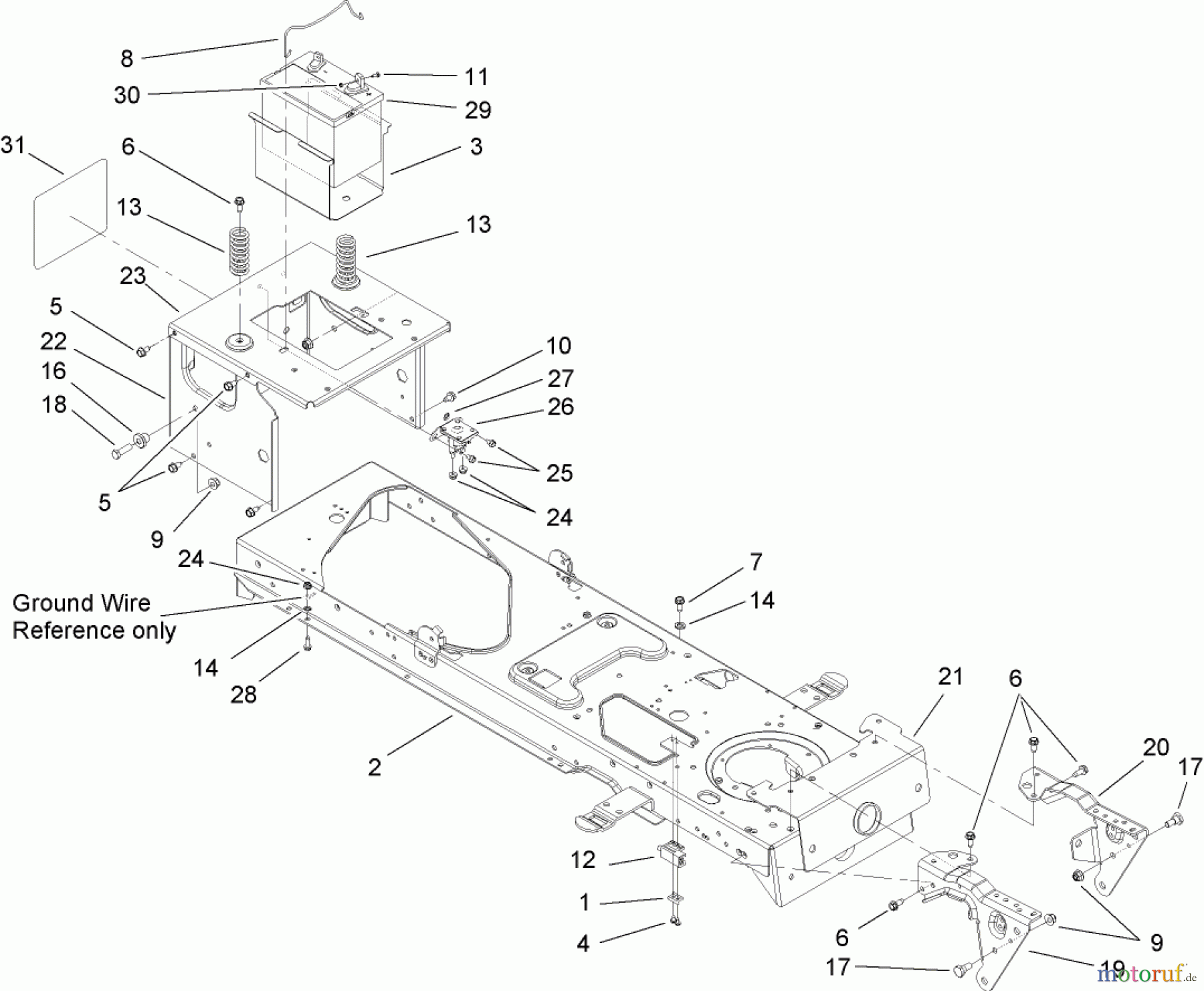 Toro Neu Mowers, Lawn & Garden Tractor Seite 1 13AX60RG744 (LX420) - Toro LX420 Lawn Tractor, 2006 (1L215B10000-) FRAME AND BATTERY ASSEMBLY