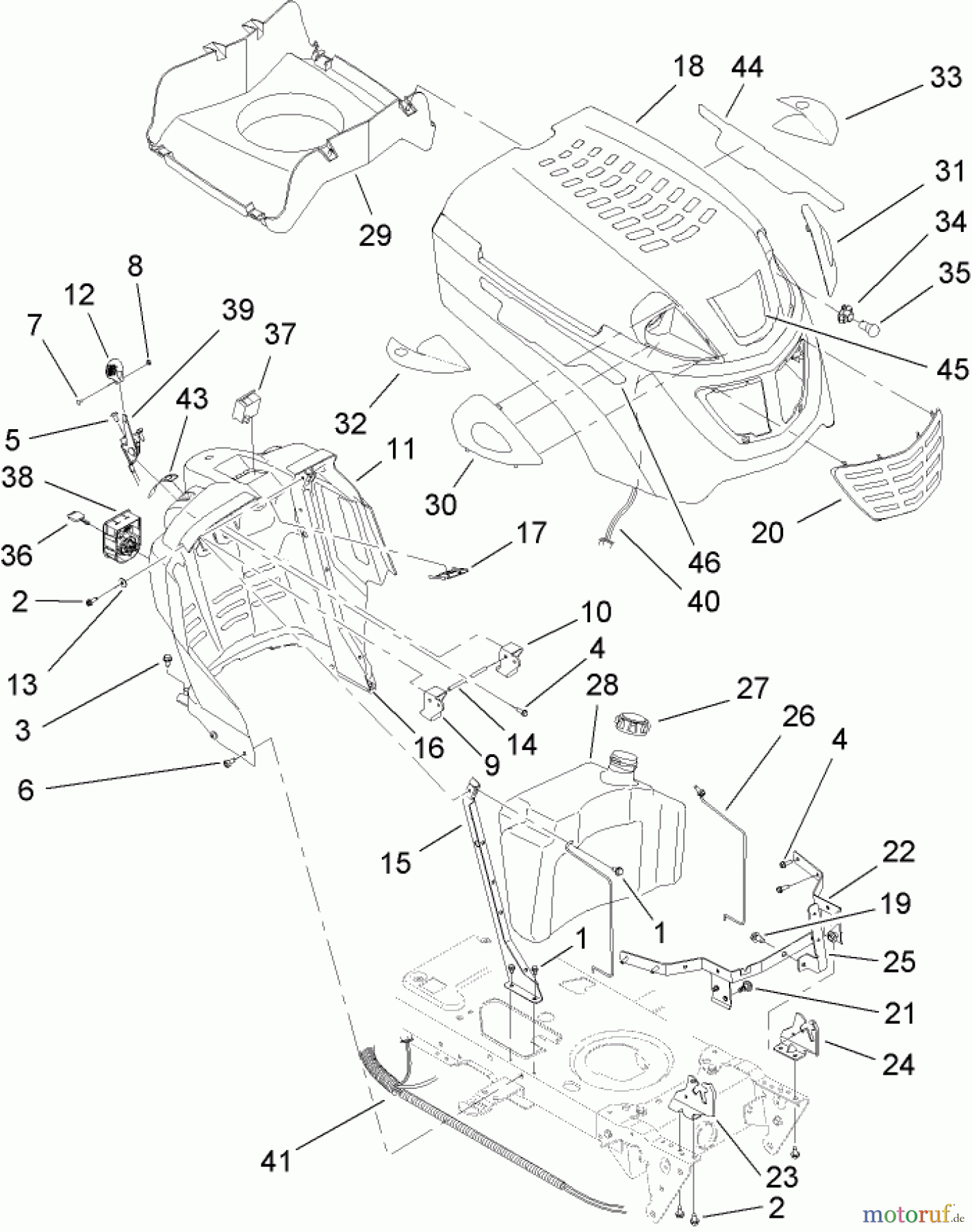  Toro Neu Mowers, Lawn & Garden Tractor Seite 1 13AX60RH544 (LX460) - Toro LX460 Lawn Tractor, 2006 (1A056B50000-) FUEL TANK AND HOOD ASSEMBLY