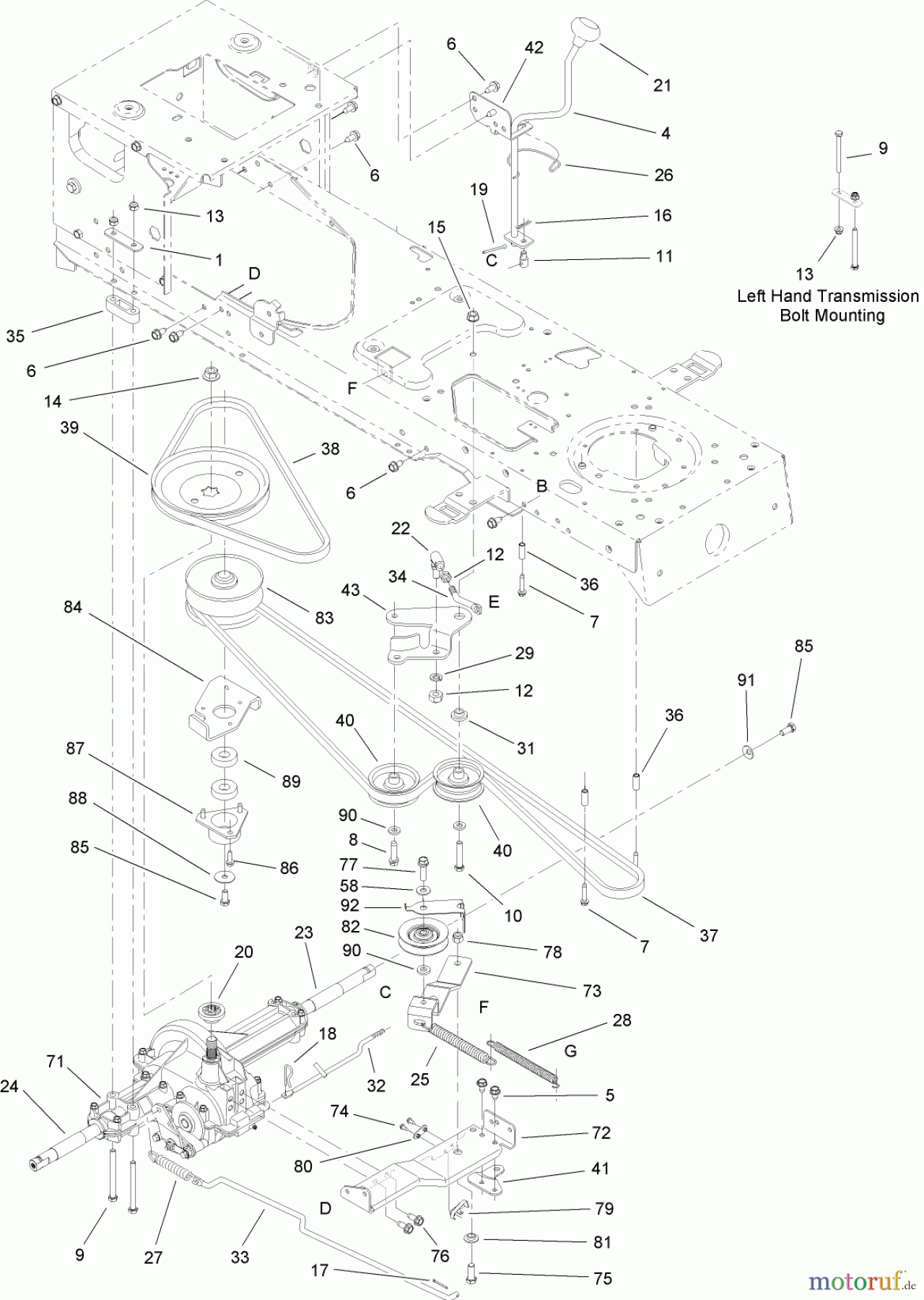 Toro Neu Mowers, Lawn & Garden Tractor Seite 1 13AX60RH544 (LX460) - Toro LX460 Lawn Tractor, 2006 (1A056B50000-) TRANSMISSION, BELT AND PULLEY ASSEMBLY