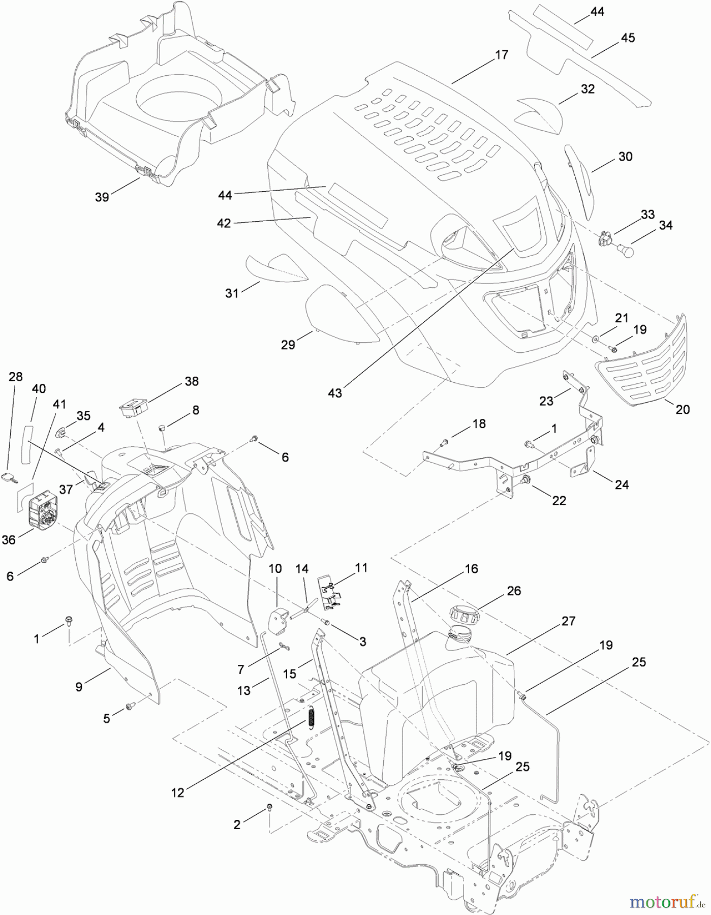 Toro Neu Mowers, Lawn & Garden Tractor Seite 1 13AX90RS848 (LX423) - Toro LX423 Lawn Tractor, 2010 (1-1) FUEL TANK, HOOD AND DASH ASSEMBLY