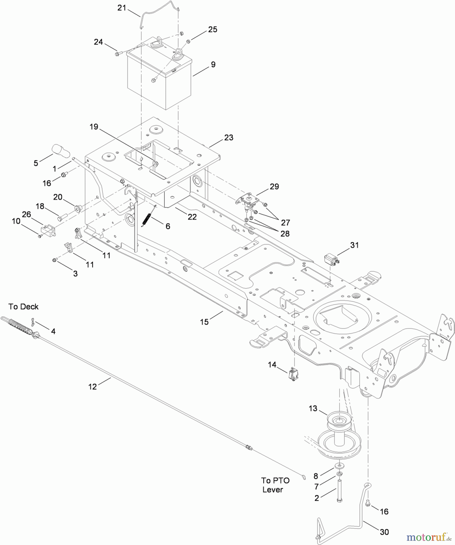Toro Neu Mowers, Lawn & Garden Tractor Seite 1 13AX90RS848 (LX423) - Toro LX423 Lawn Tractor, 2011 (1-1) FRAME, BATTERY AND PTO ASSEMBLY