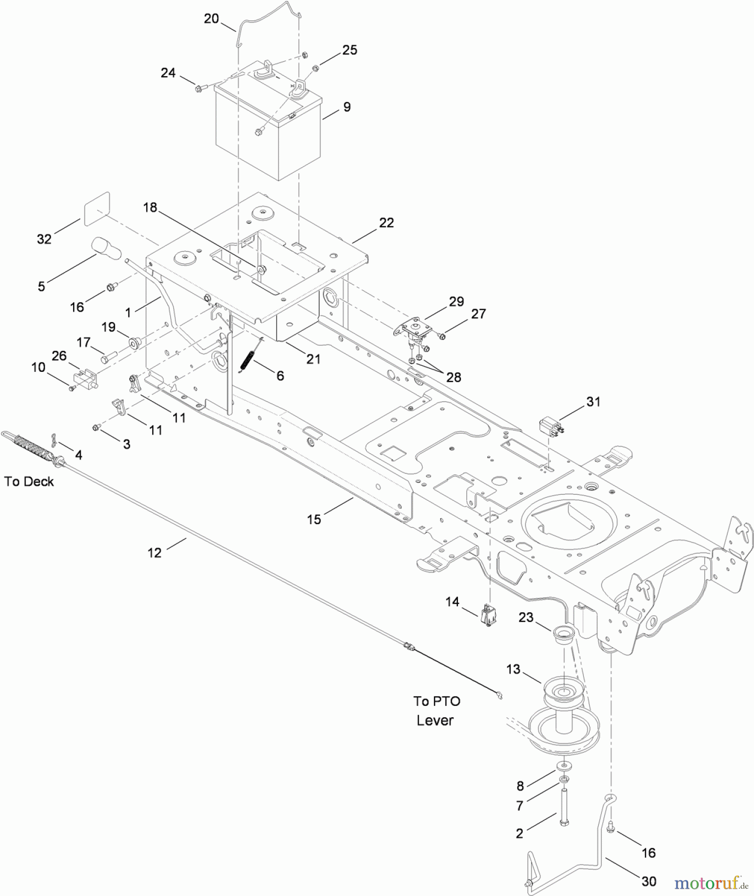  Toro Neu Mowers, Lawn & Garden Tractor Seite 1 13AX91RS848 (LX427) - Toro LX427 Lawn Tractor, 2011 (1-1) FRAME, BATTERY AND PTO ASSEMBLY