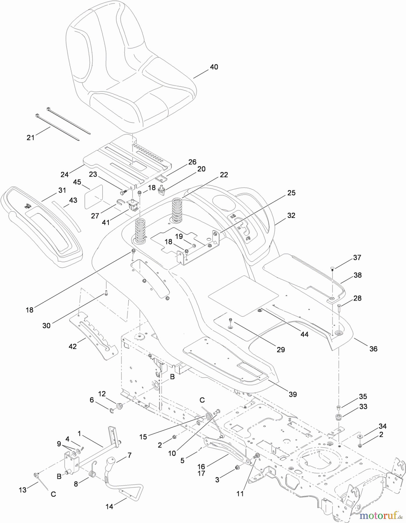 Toro Neu Mowers, Lawn & Garden Tractor Seite 1 13AX91RS848 (LX427) - Toro LX427 Lawn Tractor, 2011 (1-1) SEAT, FENDER AND DECK LIFT ASSEMBLY
