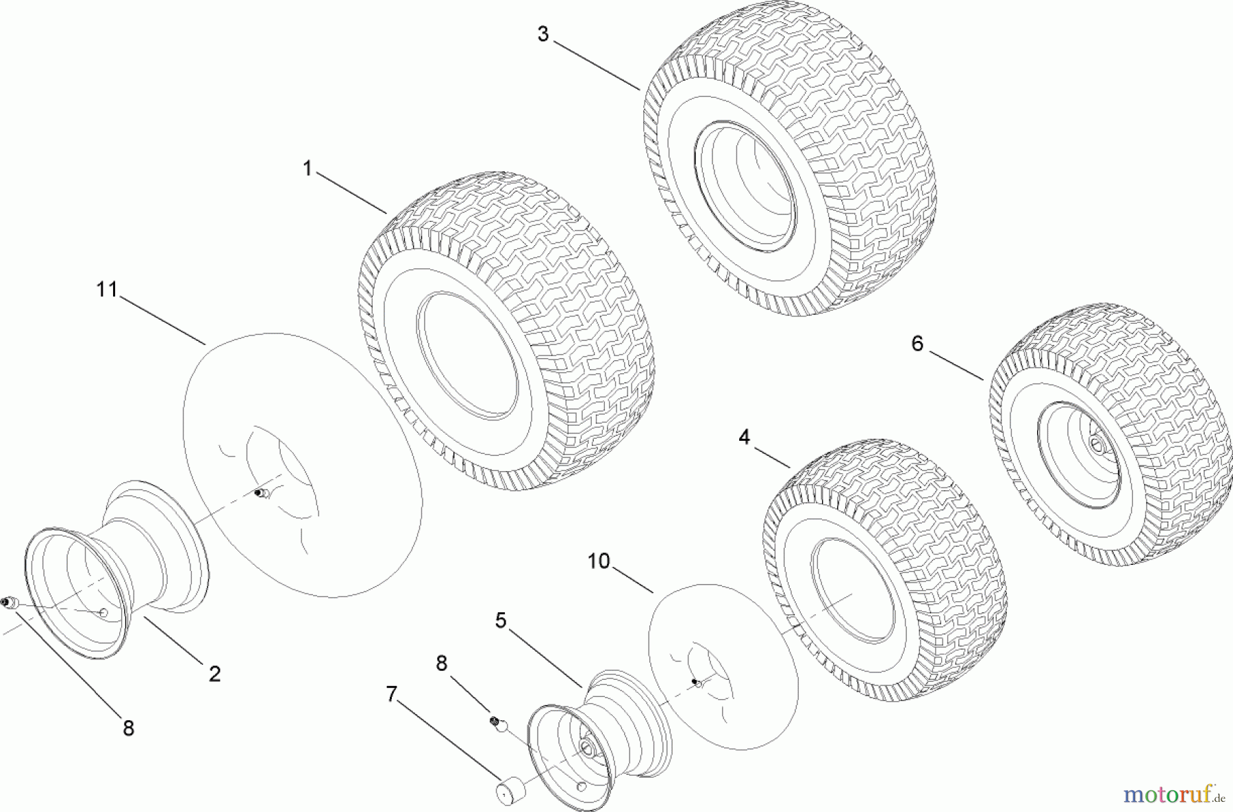 Toro Neu Mowers, Lawn & Garden Tractor Seite 1 13BX60RG544 (LX425) - Toro LX425 Lawn Tractor, 2007 (1A087H10172-1E237H10144) FRONT AND REAR WHEEL ASSEMBLY