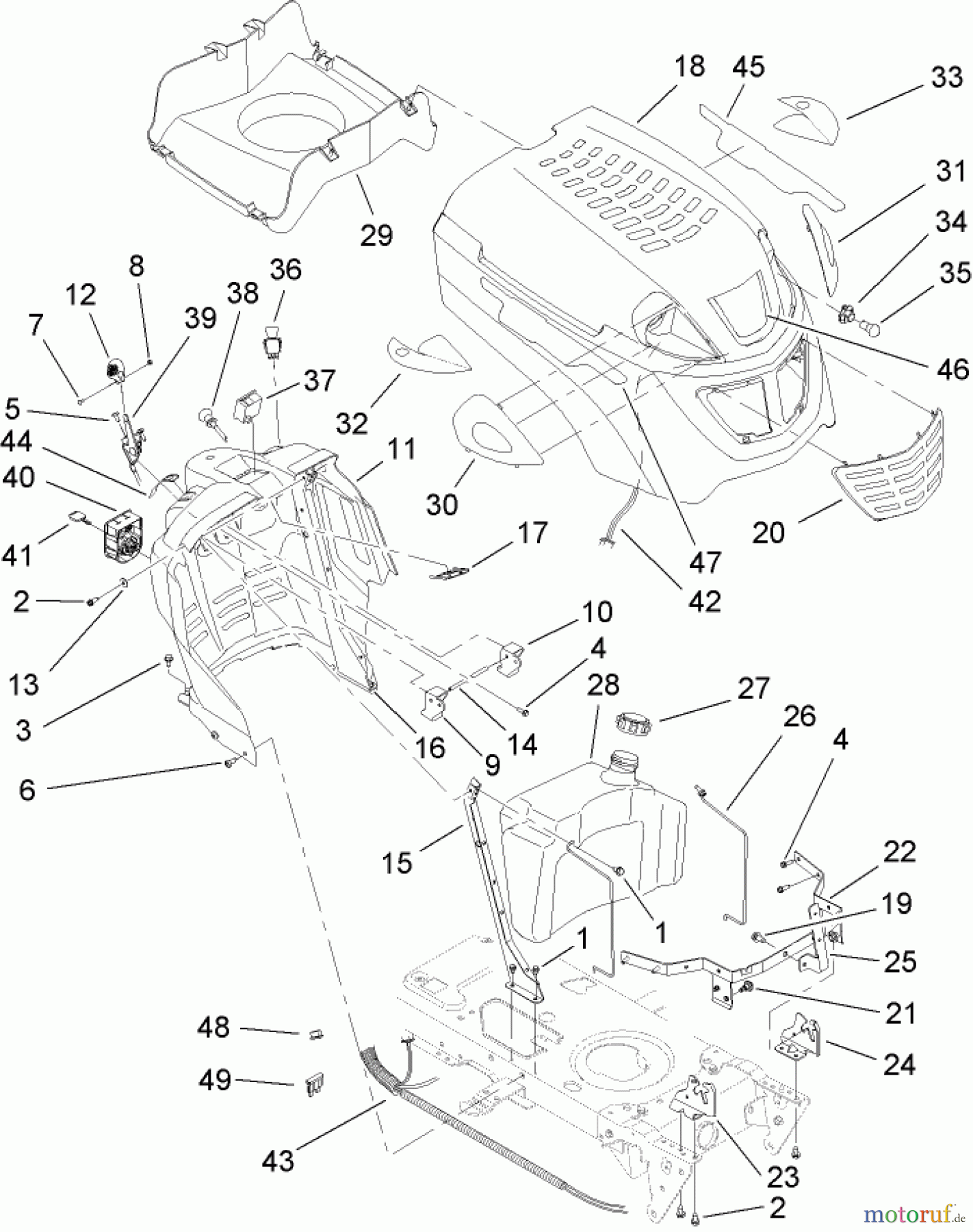 Toro Neu Mowers, Lawn & Garden Tractor Seite 1 14AP80RP744 (GT2100) - Toro GT2100 Garden Tractor, 2006 (1A136H30000-) FUEL TANK AND HOOD ASSEMBLY
