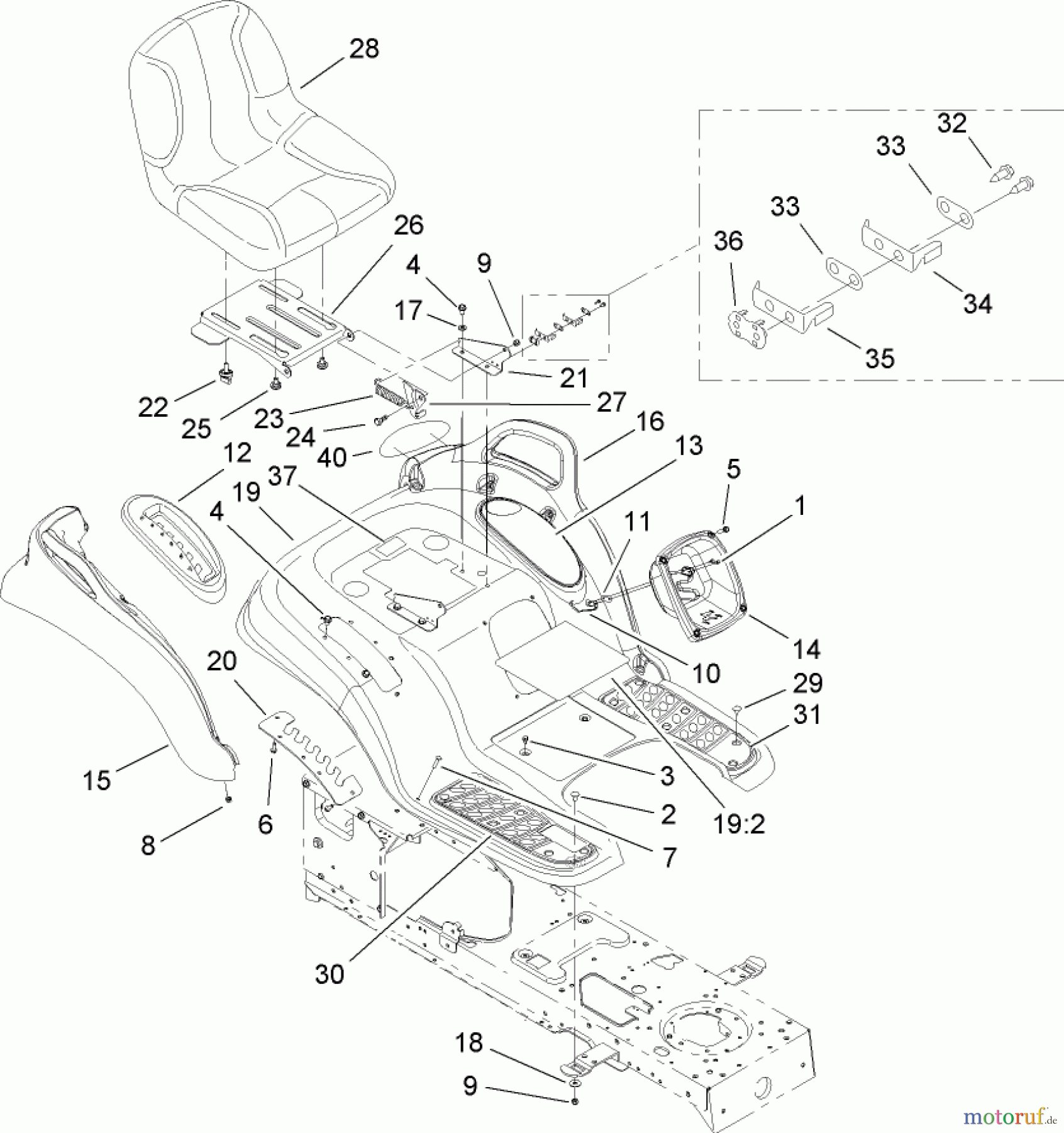 Toro Neu Mowers, Lawn & Garden Tractor Seite 1 14AP80RP744 (GT2100) - Toro GT2100 Garden Tractor, 2006 (1A136H30000-) SEAT AND FENDER ASSEMBLY