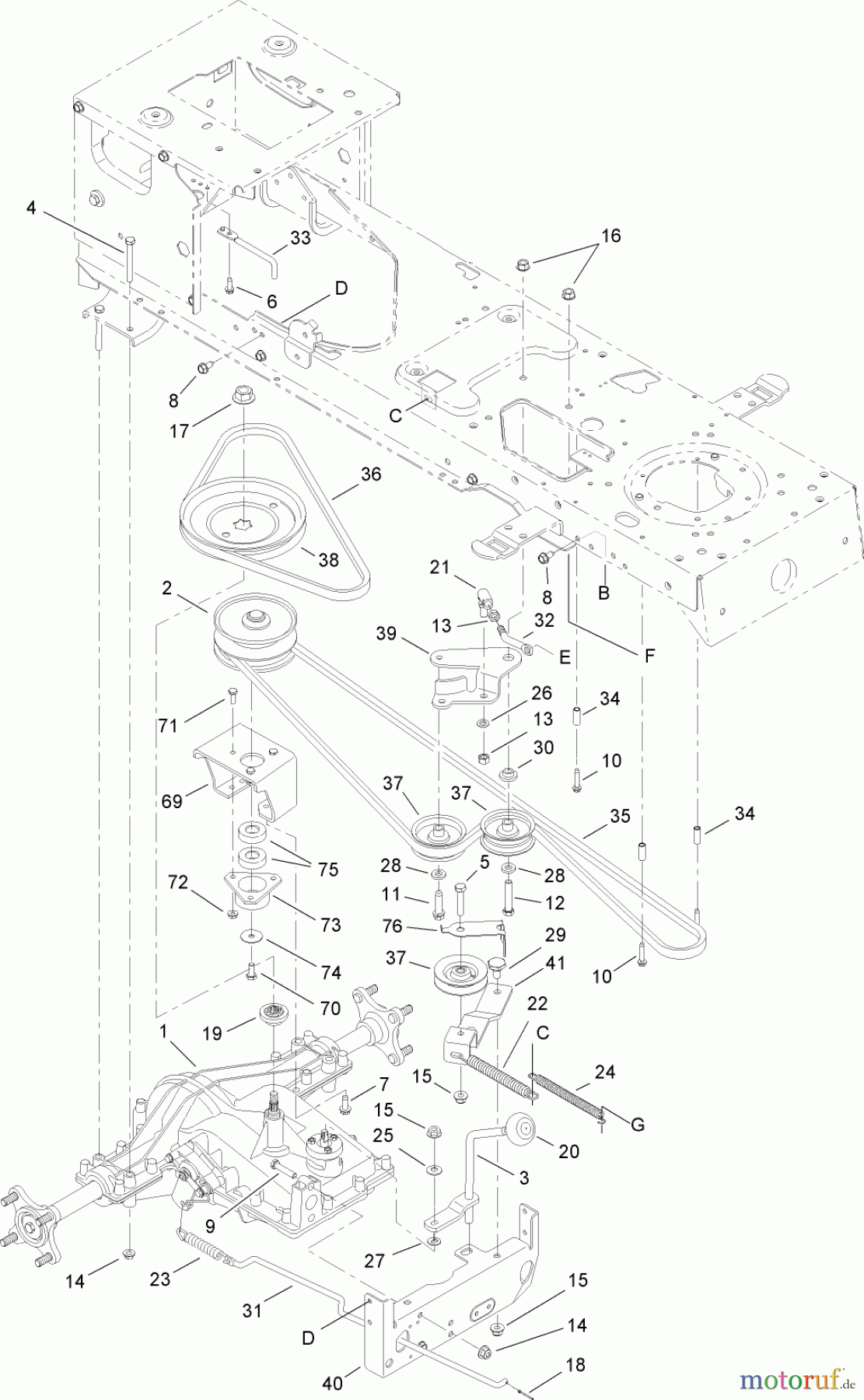 Toro Neu Mowers, Lawn & Garden Tractor Seite 1 14AP80RP744 (GT2100) - Toro GT2100 Garden Tractor, 2006 (1A136H30000-) TRANSMISSION, BELT AND PULLEY ASSEMBLY