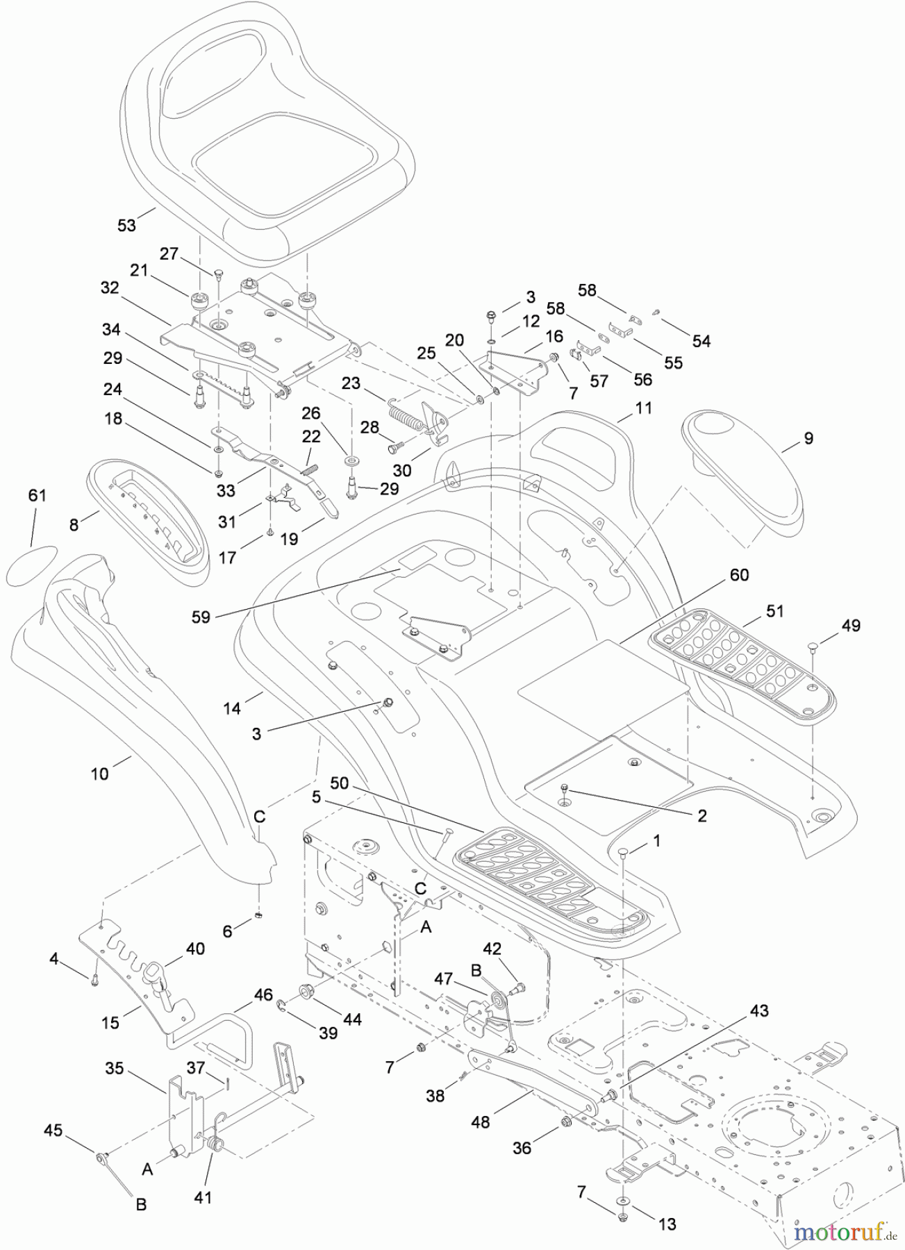 Toro Neu Mowers, Lawn & Garden Tractor Seite 1 14AQ81RP544 (GT2200) - Toro GT2200 Garden Tractor, 2008 (SN 1-) SEAT, FENDER AND DECK LIFT ASSEMBLY