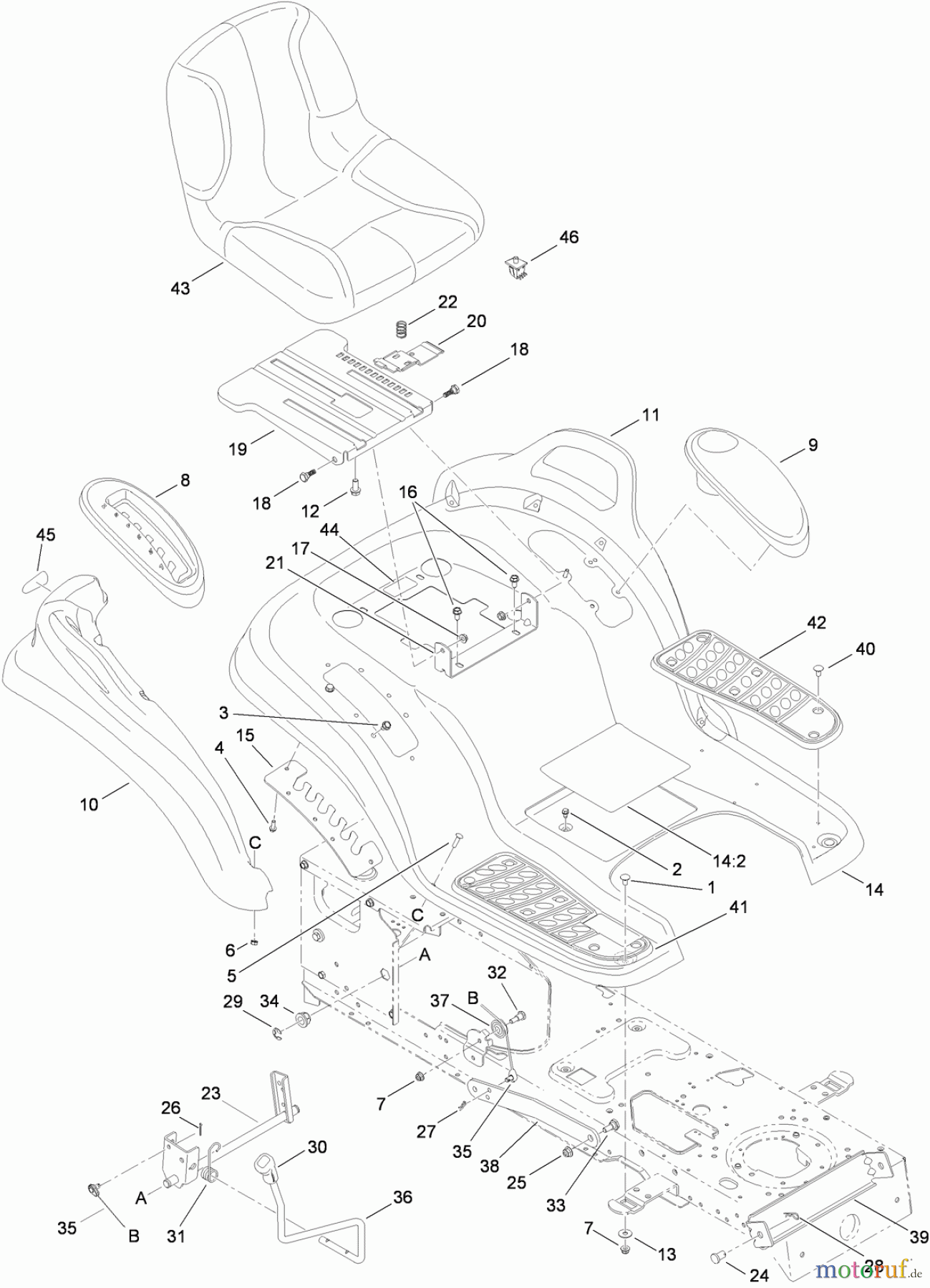 Toro Neu Mowers, Lawn & Garden Tractor Seite 1 14AQ81RP848 (GT2200) - Toro GT2200 Garden Tractor, 2009 (1-1) SEAT, FENDER AND DECK LIFT ASSEMBLY