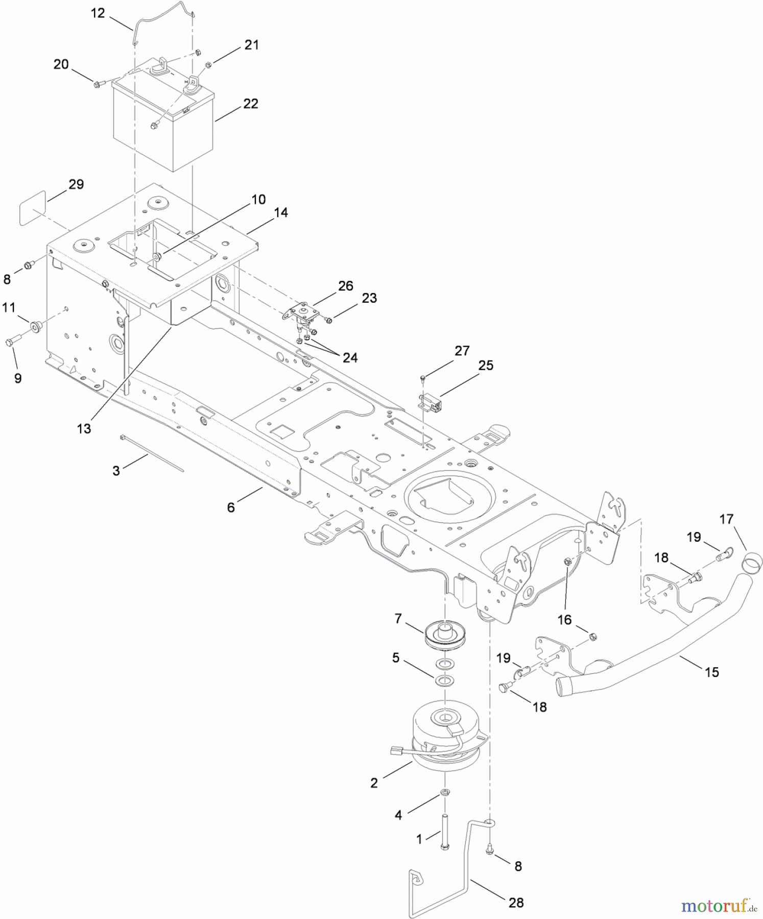 Toro Neu Mowers, Lawn & Garden Tractor Seite 1 14AQ94RP848 (GT2200) - Toro GT2200 Garden Tractor, 2010 (1-1) FRAME, BATTERY AND ELECTRIC PTO ASSEMBLY