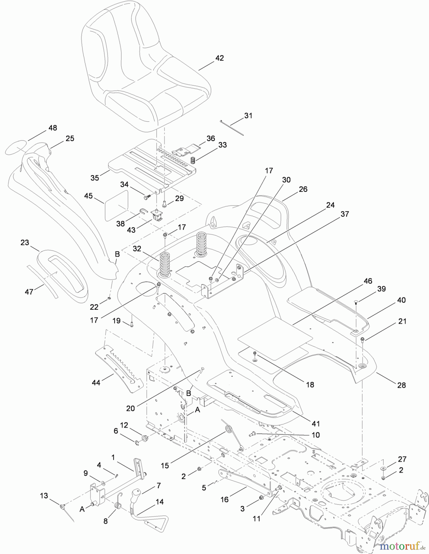 Toro Neu Mowers, Lawn & Garden Tractor Seite 1 14AQ94RP848 (GT2200) - Toro GT2200 Garden Tractor, 2010 (1-1) SEAT, FENDER AND DECK LIFT ASSEMBLY
