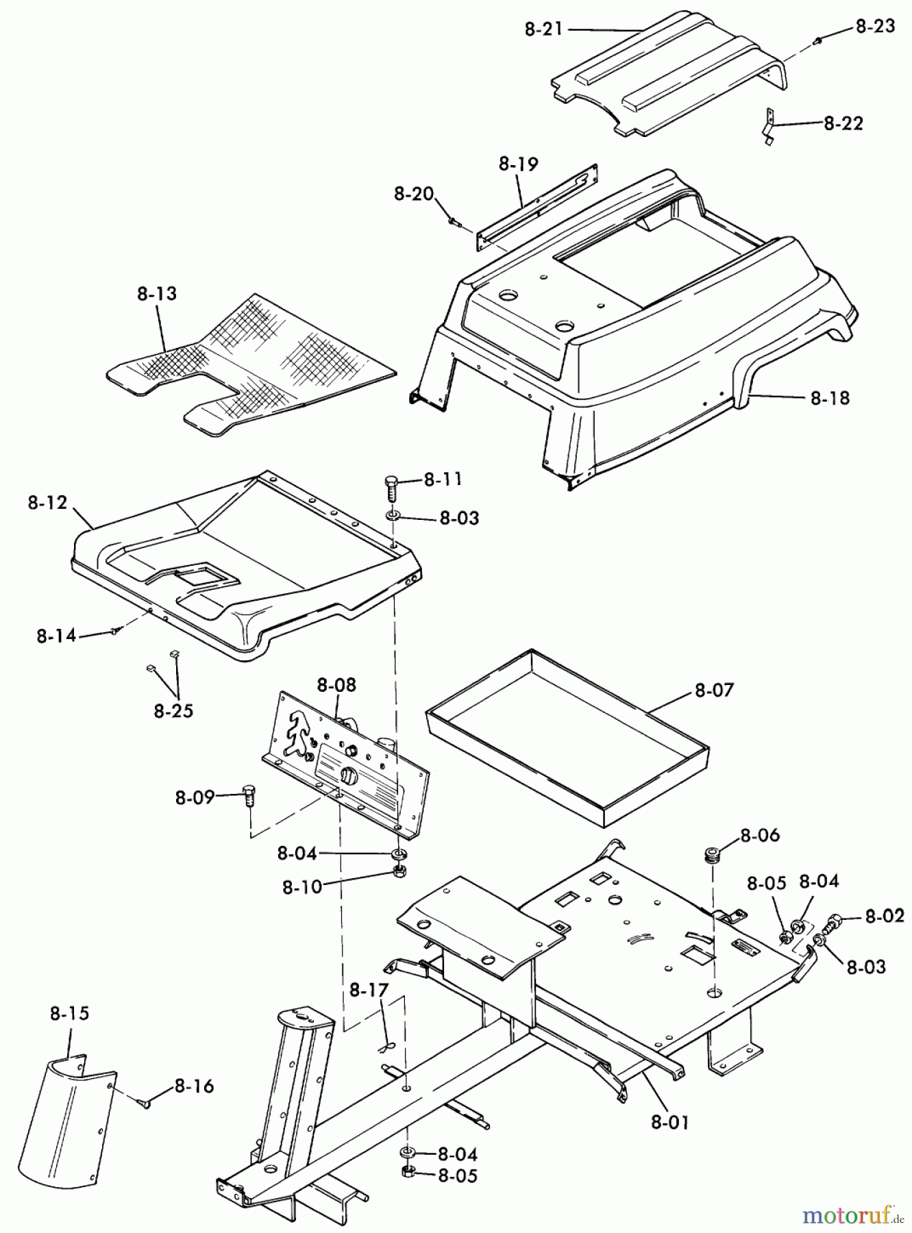 Toro Neu Mowers, Lawn & Garden Tractor Seite 1 3-6000 (A-65) - Toro A-65 Elec-Trak, 1976 A-65 PARTS MANUAL E8.000 FRAME AND BODY COMPONENTS (FIG. 8)