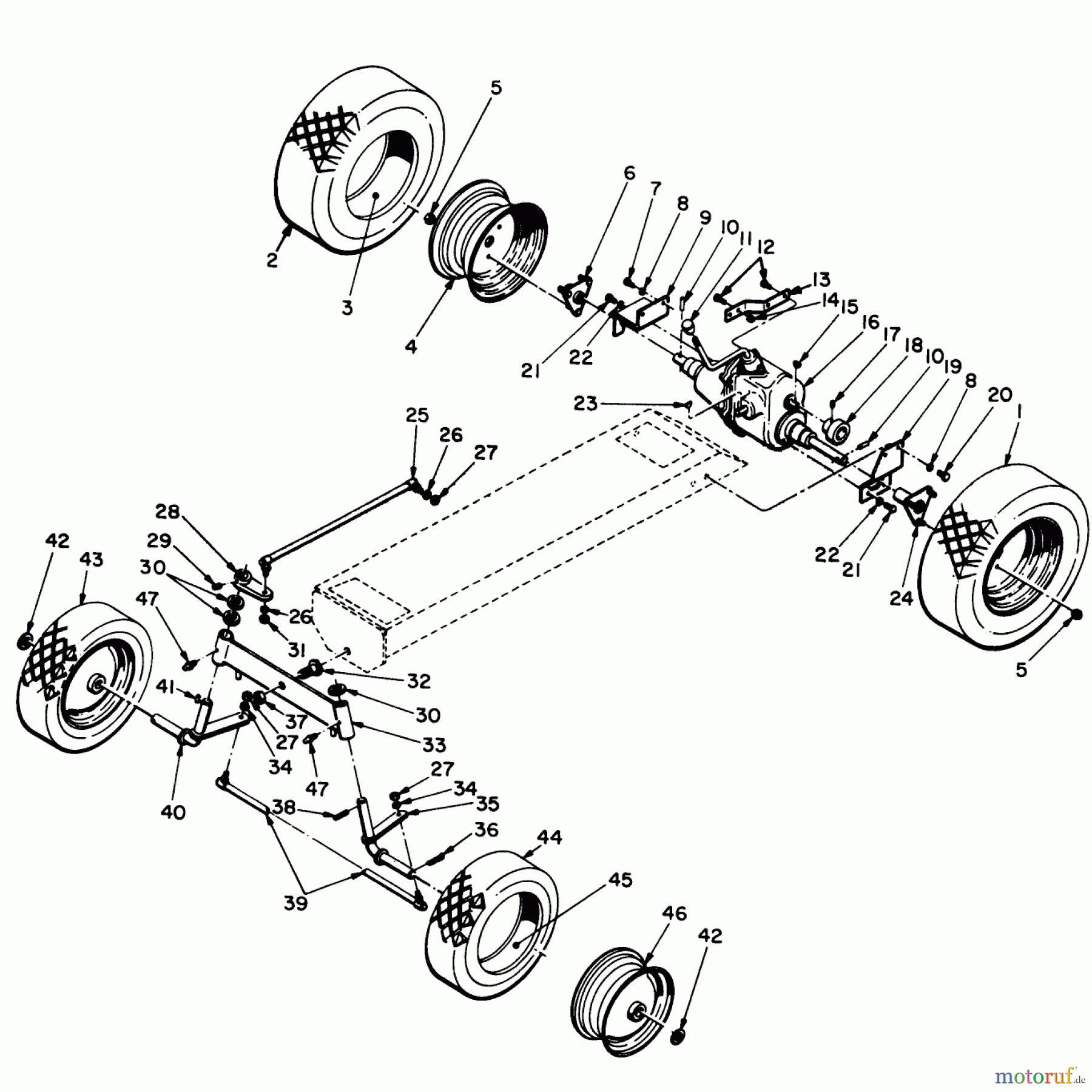 Toro Neu Mowers, Lawn & Garden Tractor Seite 1 55001 - Toro Compact Suburban Lawn Tractor, 1968 (8000001-8999999) WHEEL AND AXLE ASSEMBLY