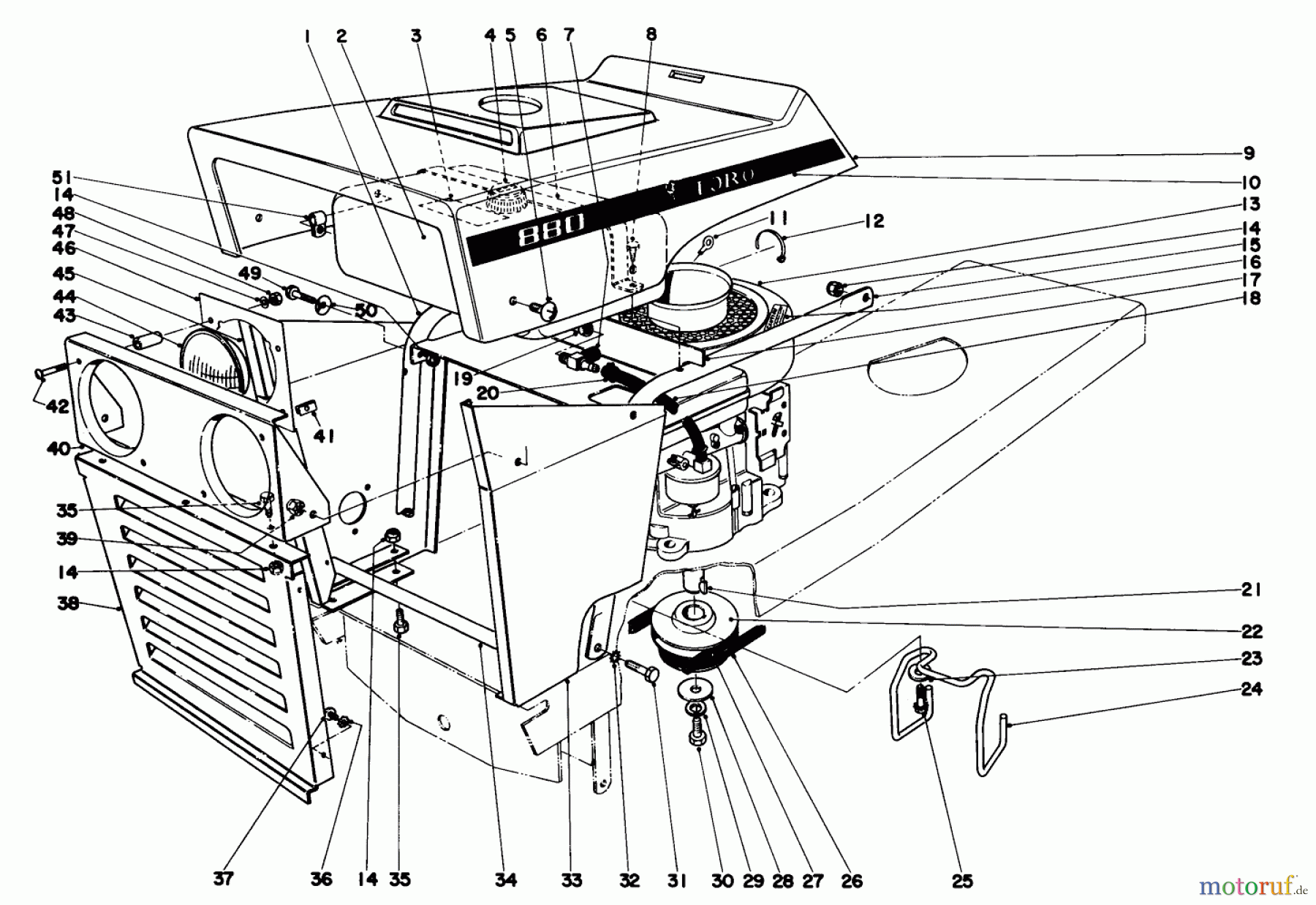  Toro Neu Mowers, Lawn & Garden Tractor Seite 1 55166 (880) - Toro 880 Electric Tractor, 1972 (2000001-2999999) HOOD AND ENGINE ASSEMBLY