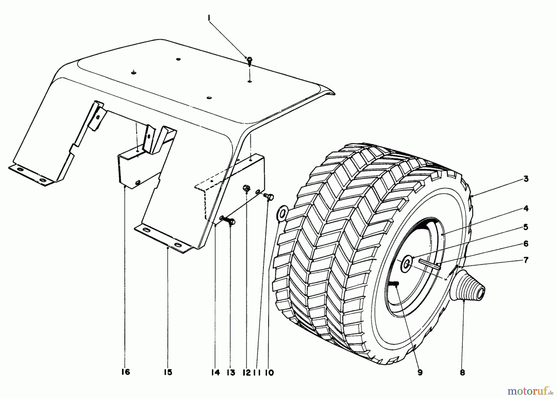  Toro Neu Mowers, Lawn & Garden Tractor Seite 1 55166 (880) - Toro 880 Electric Tractor, 1973 (3000001-3999999) REAR TIRE AND FENDER ASSEMBLY
