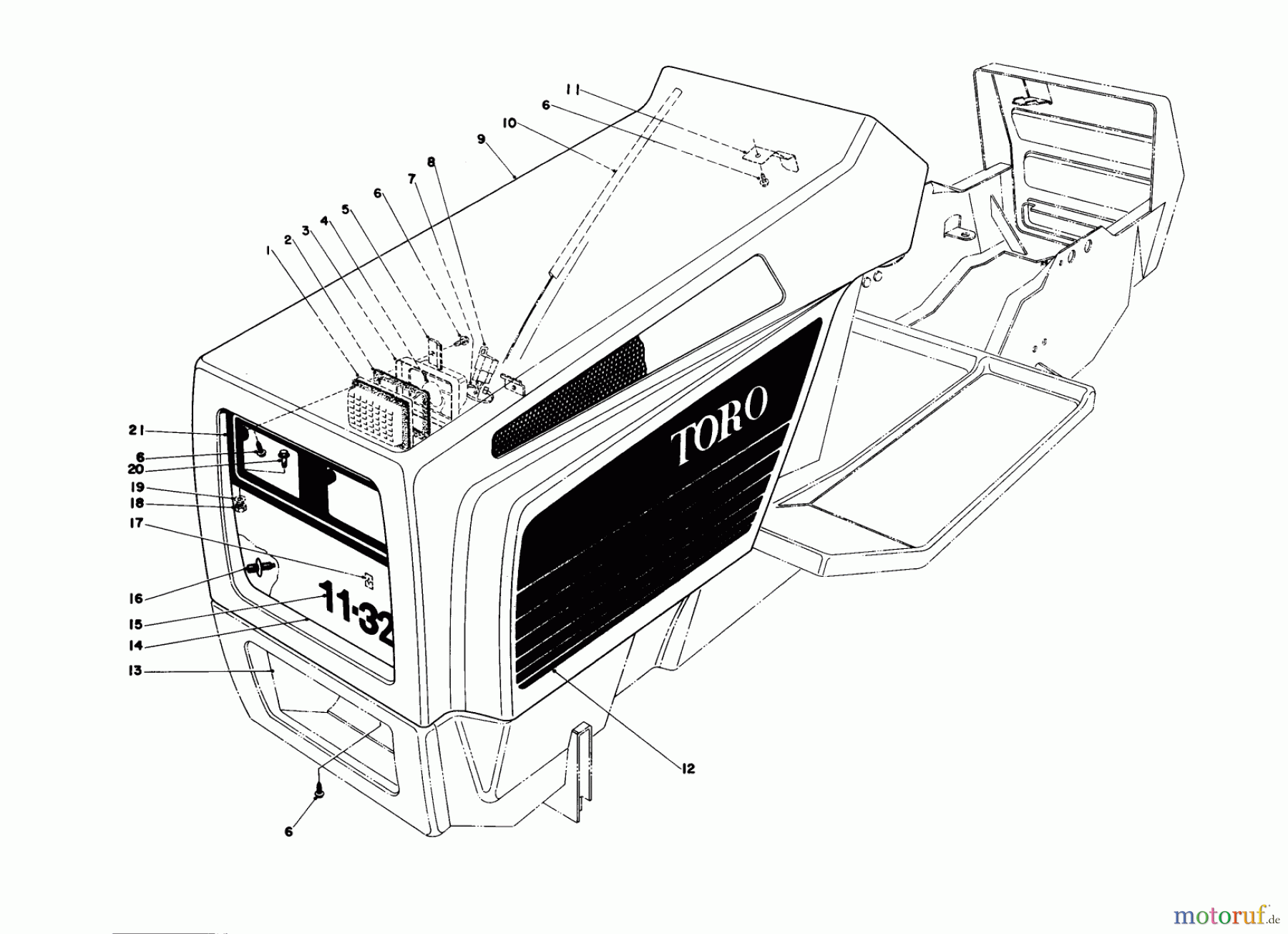 Toro Neu Mowers, Lawn & Garden Tractor Seite 1 57360 (11-32) - Toro 11-32 Lawn Tractor, 1979 (9000001-9999999) HOOD ASSEMBLY MODEL 57360