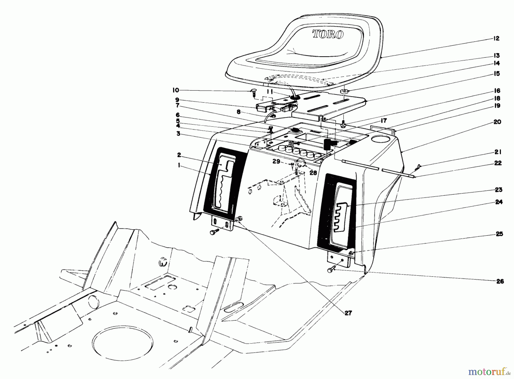 Toro Neu Mowers, Lawn & Garden Tractor Seite 1 57300 (8-32) - Toro 8-32 Front Engine Rider, 1983 (3000001-3999999) REAR BODY & SEAT ASSEMBLY