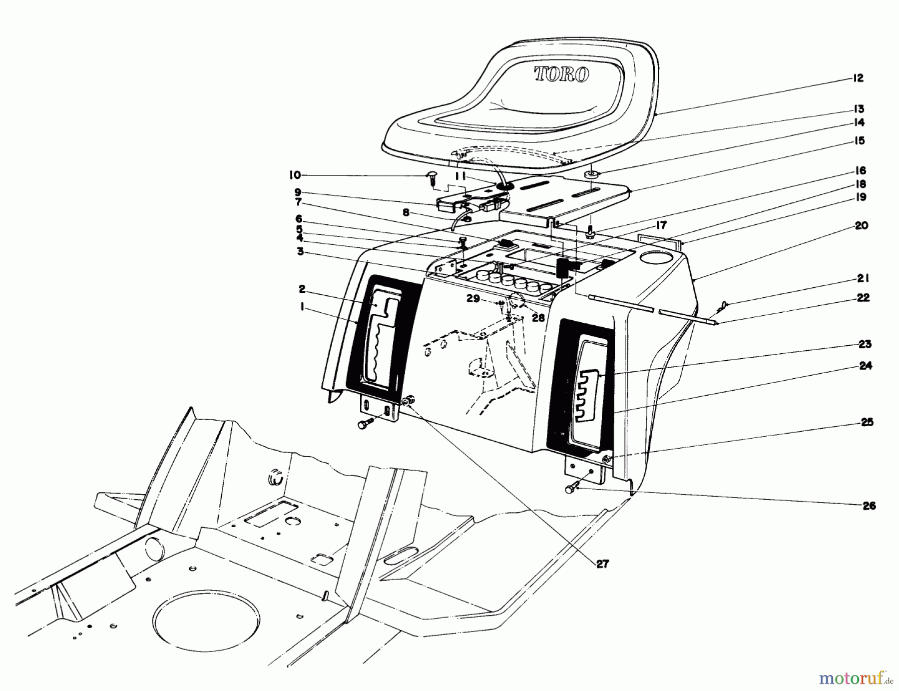 Toro Neu Mowers, Lawn & Garden Tractor Seite 1 57300 (8-32) - Toro 8-32 Front Engine Rider, 1984 (4000001-4999999) REAR BODY & SEAT ASSEMBLY