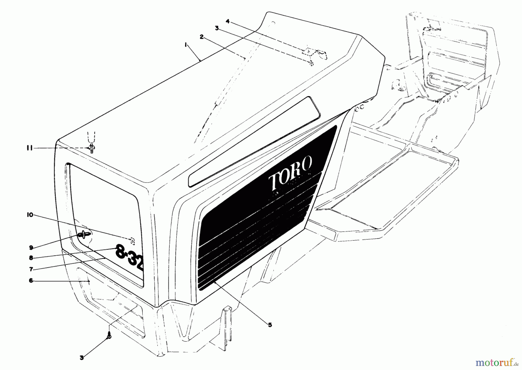 Toro Neu Mowers, Lawn & Garden Tractor Seite 1 57300 (8-32) - Toro 8-32 Front Engine Rider, 1985 (5000001-5999999) HOOD ASSEMBLY MODEL 57300