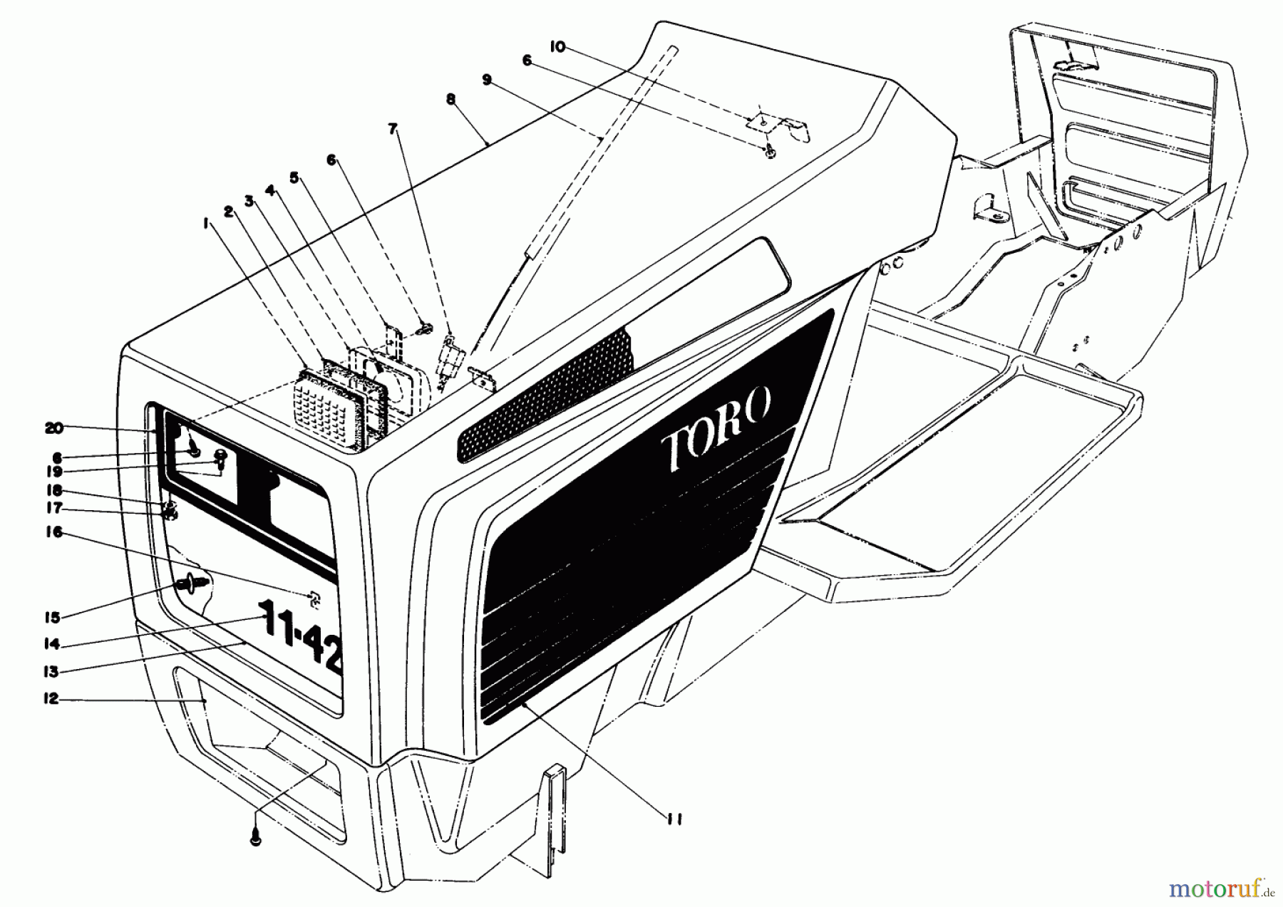 Toro Neu Mowers, Lawn & Garden Tractor Seite 1 57356 (11-42) - Toro 11-42 Lawn Tractor, 1979 (9000001-9999999) HOOD ASSEMBLY