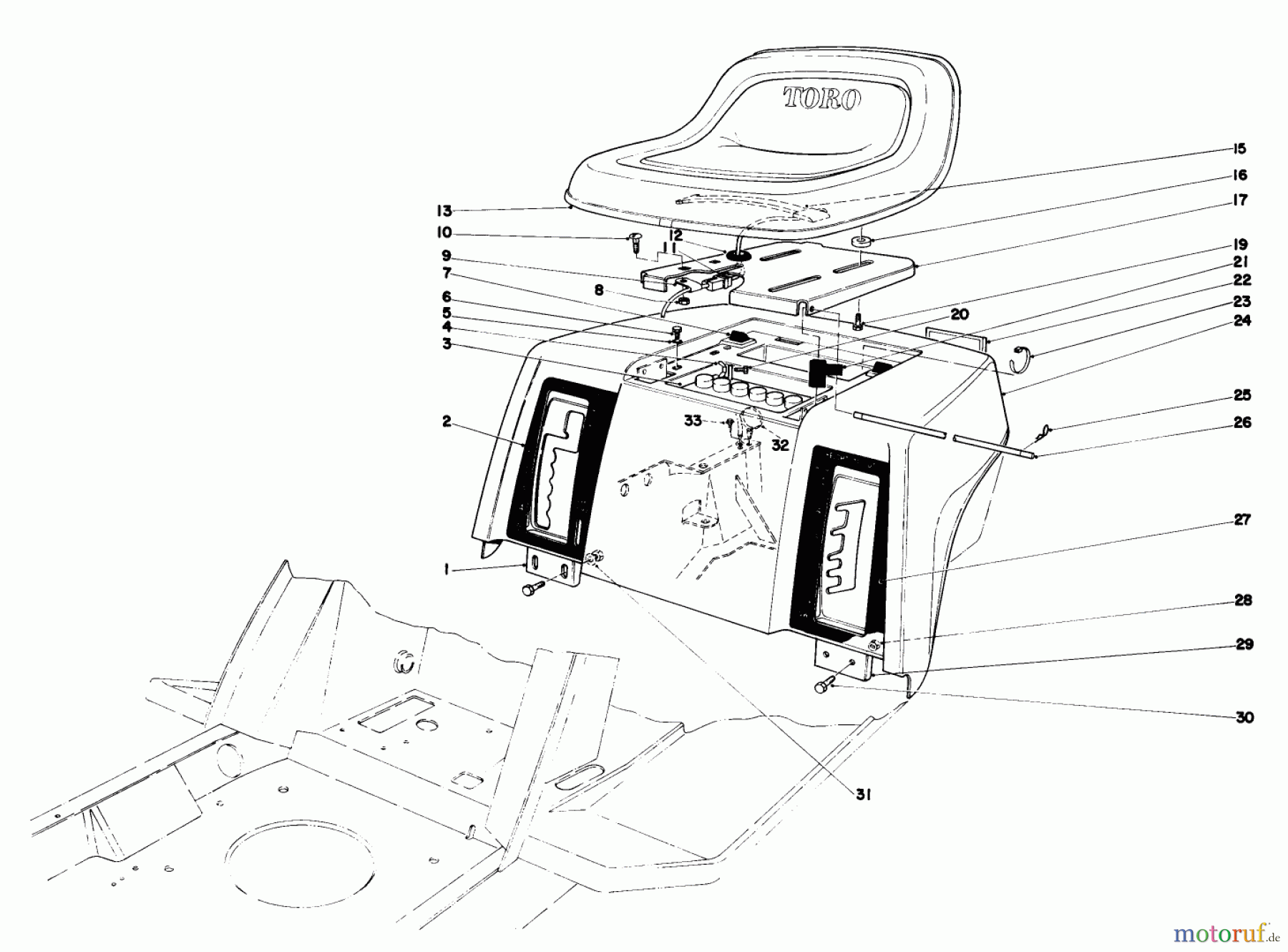  Toro Neu Mowers, Lawn & Garden Tractor Seite 1 57356 (11-42) - Toro 11-42 Lawn Tractor, 1979 (9000001-9999999) REAR BODY & SEAT ASSEMBLY
