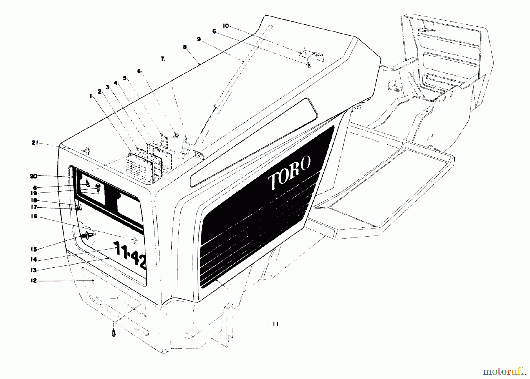 Toro Neu Mowers, Lawn & Garden Tractor Seite 1 57356 (11-42) - Toro 11-42 Lawn Tractor, 1981 (1000001-1999999) HOOD ASSEMBLY