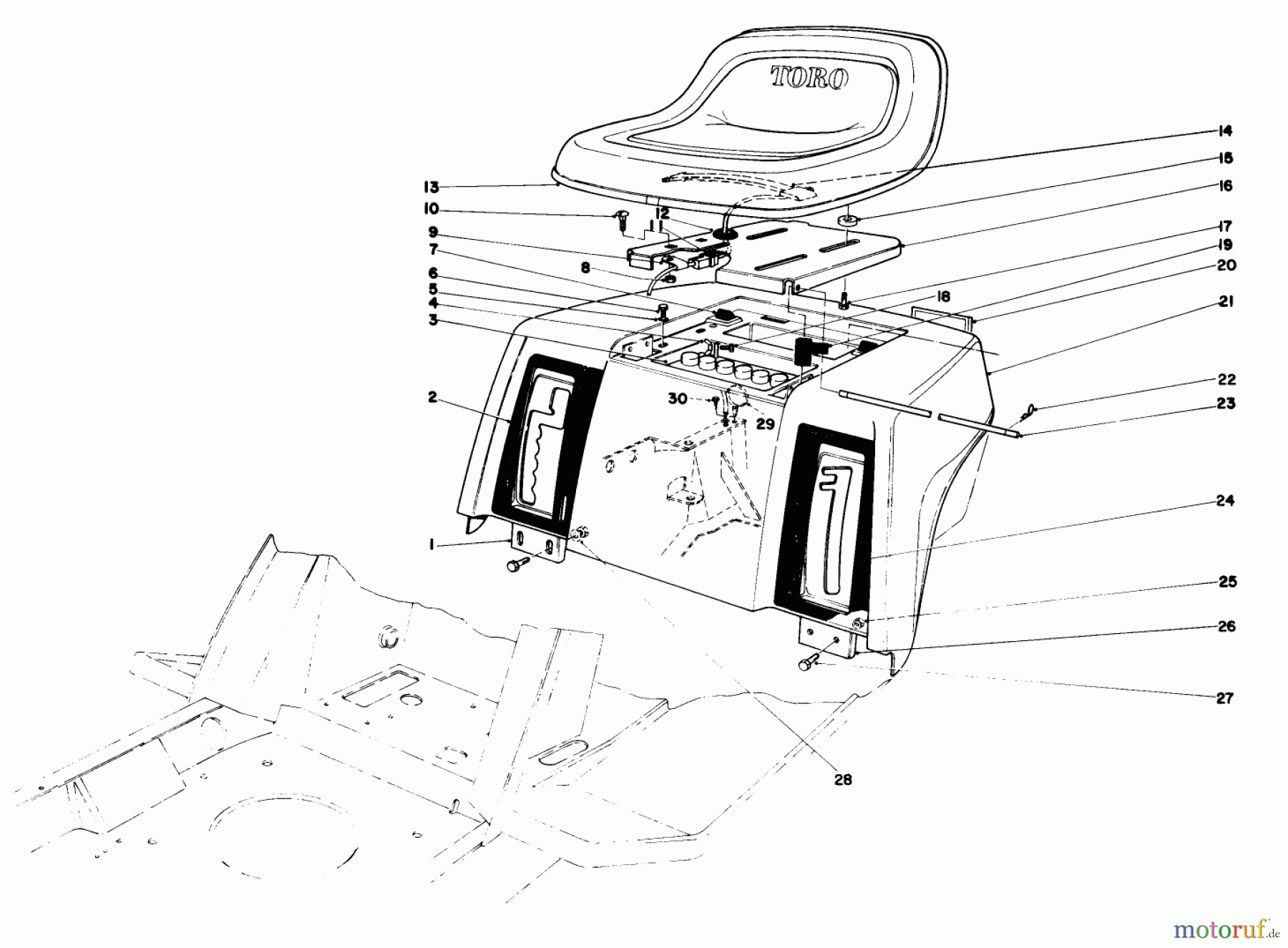  Toro Neu Mowers, Lawn & Garden Tractor Seite 1 57356 (11-42) - Toro 11-42 Lawn Tractor, 1981 (1000001-1999999) REAR BODY & SEAT ASSEMBLY