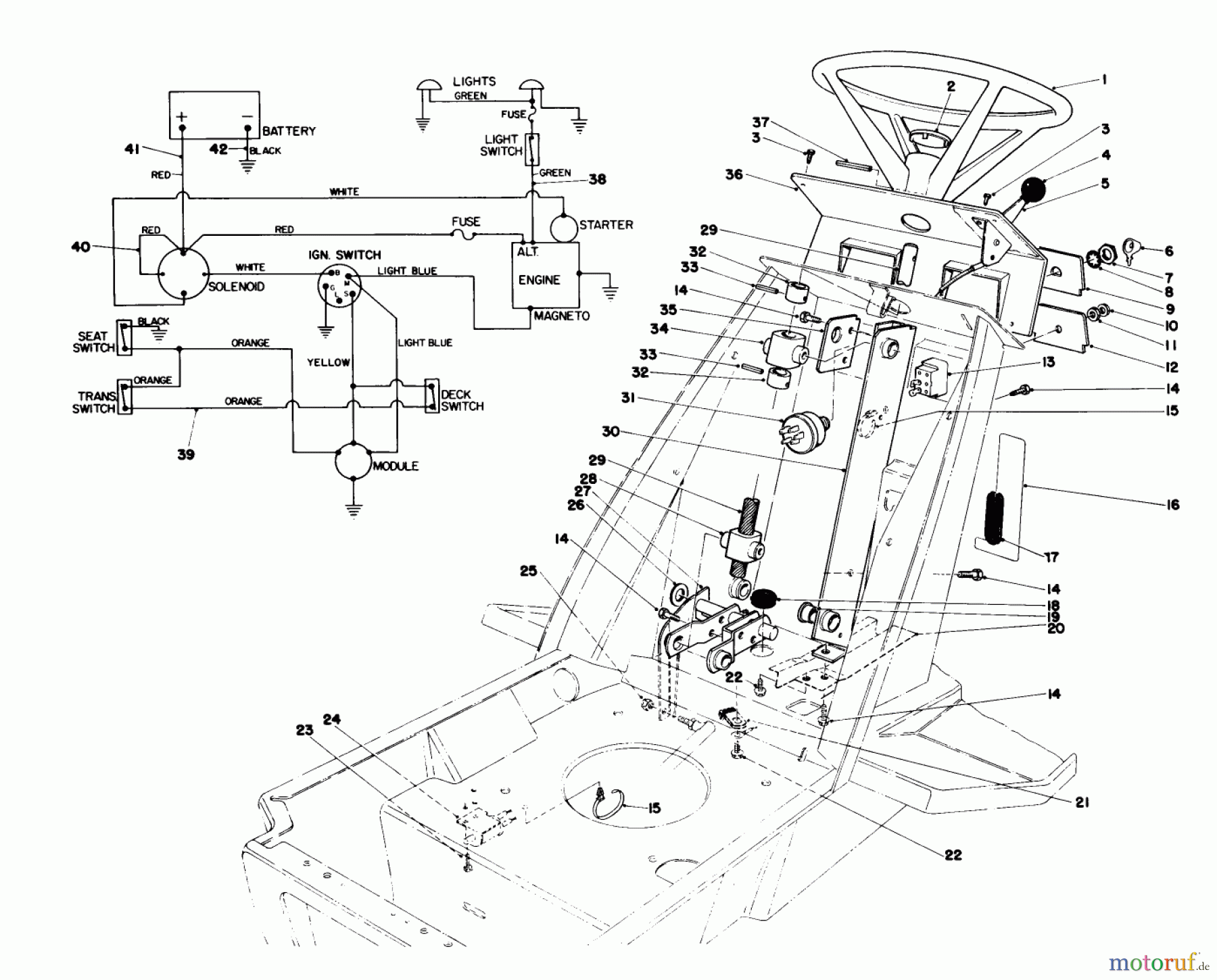 Toro Neu Mowers, Lawn & Garden Tractor Seite 1 57356 (11-42) - Toro 11-42 Lawn Tractor, 1981 (1000001-1999999) STEERING WHEEL & DASH ASSEMBLY