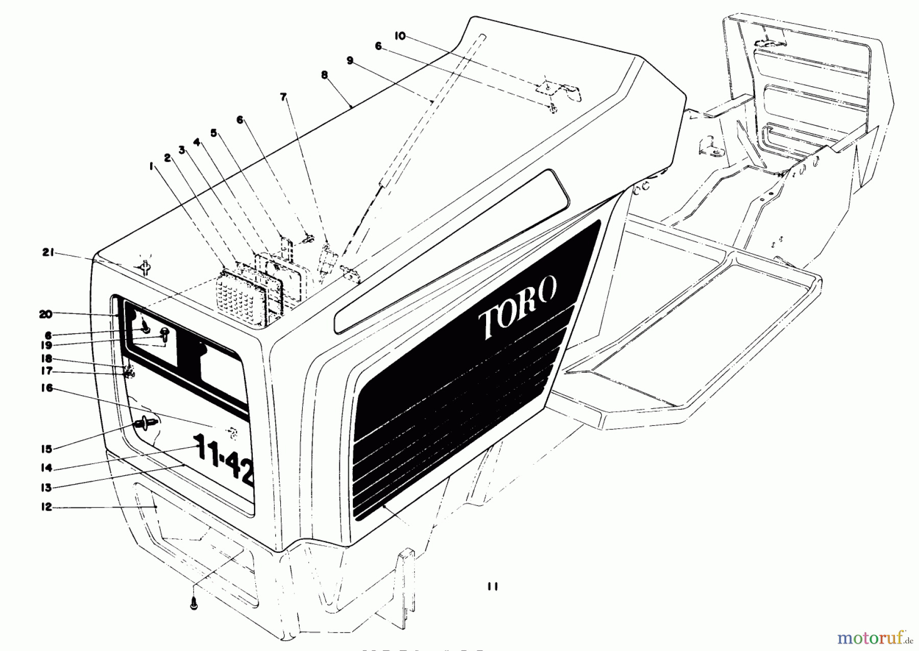 Toro Neu Mowers, Lawn & Garden Tractor Seite 1 57356 (11-42) - Toro 11-42 Lawn Tractor, 1982 (2000001-2999999) HOOD ASSEMBLY
