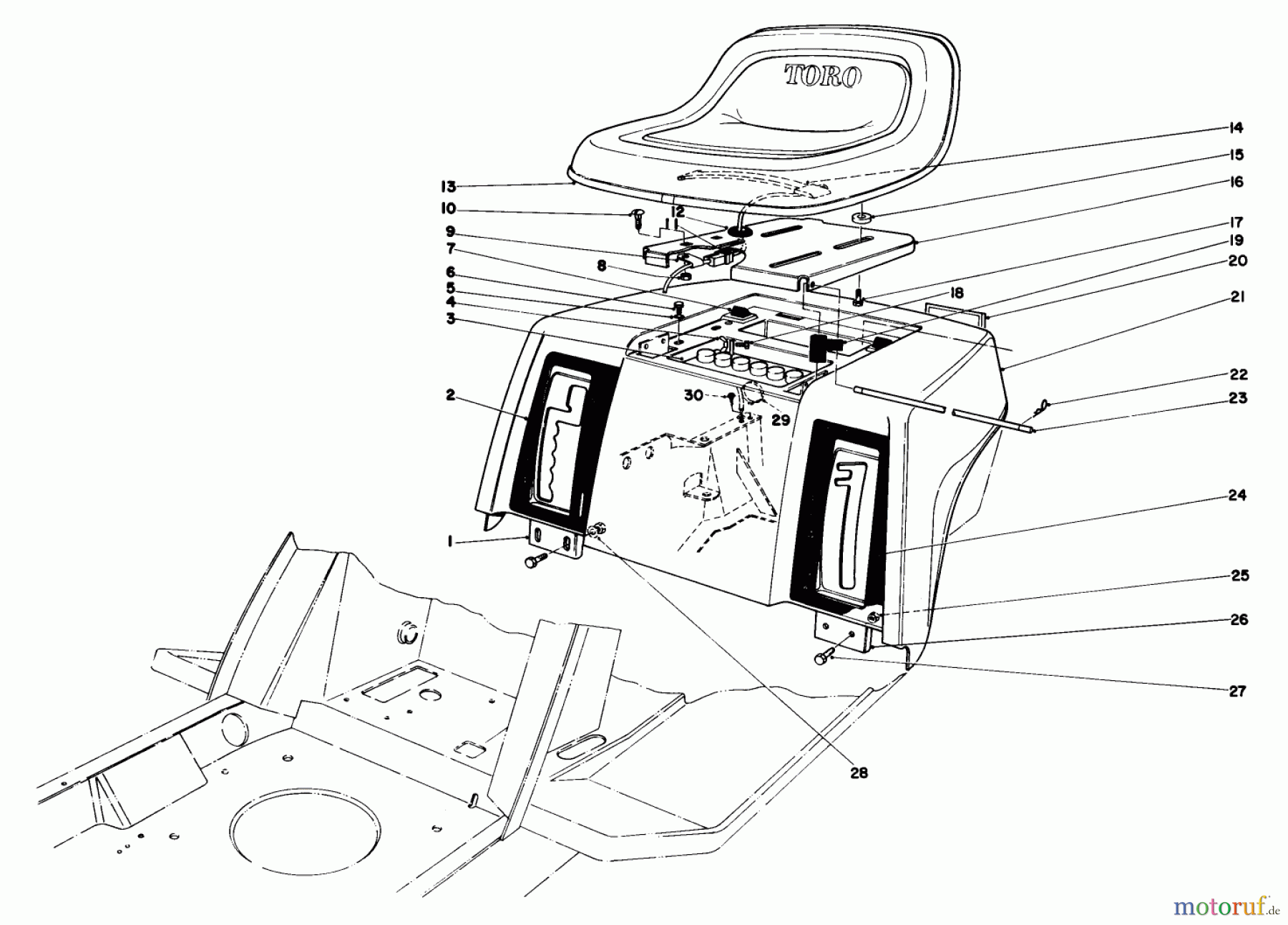 Toro Neu Mowers, Lawn & Garden Tractor Seite 1 57356 (11-42) - Toro 11-42 Lawn Tractor, 1982 (2000001-2999999) REAR BODY & SEAT ASSEMBLY