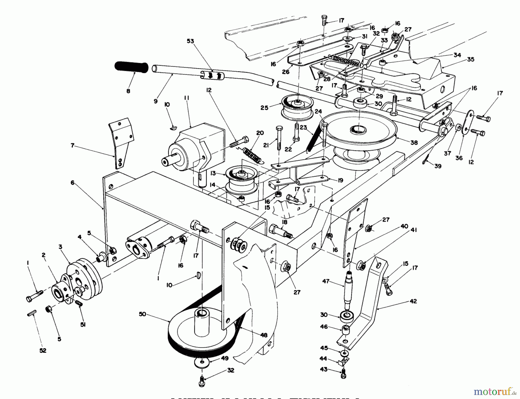 Toro Neu Mowers, Lawn & Garden Tractor Seite 1 57356 (11-42) - Toro 11-42 Lawn Tractor, 1985 (5000001-5999999) FRAME & PULLEY ASSEMBLY 36