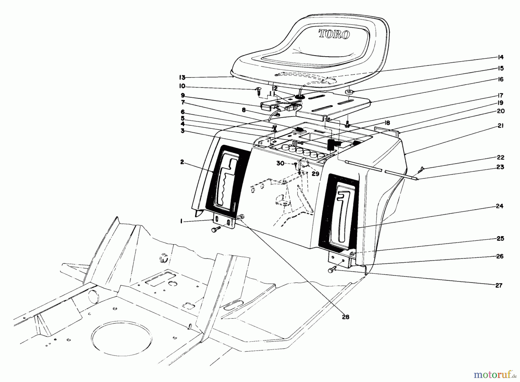 Toro Neu Mowers, Lawn & Garden Tractor Seite 1 57356 (11-42) - Toro 11-42 Lawn Tractor, 1985 (5000001-5999999) REAR BODY & SEAT ASSEMBLY