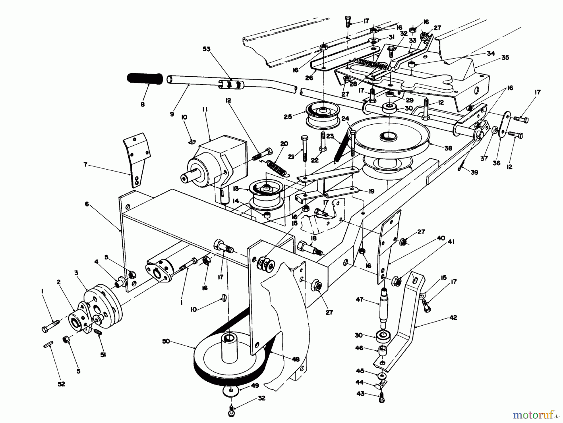  Toro Neu Mowers, Lawn & Garden Tractor Seite 1 57410 - Toro 12 hp Electric Start Lawn Tractor, 1988 (8000001-8999999) FRAME & PULLEY ASSEMBLY 36