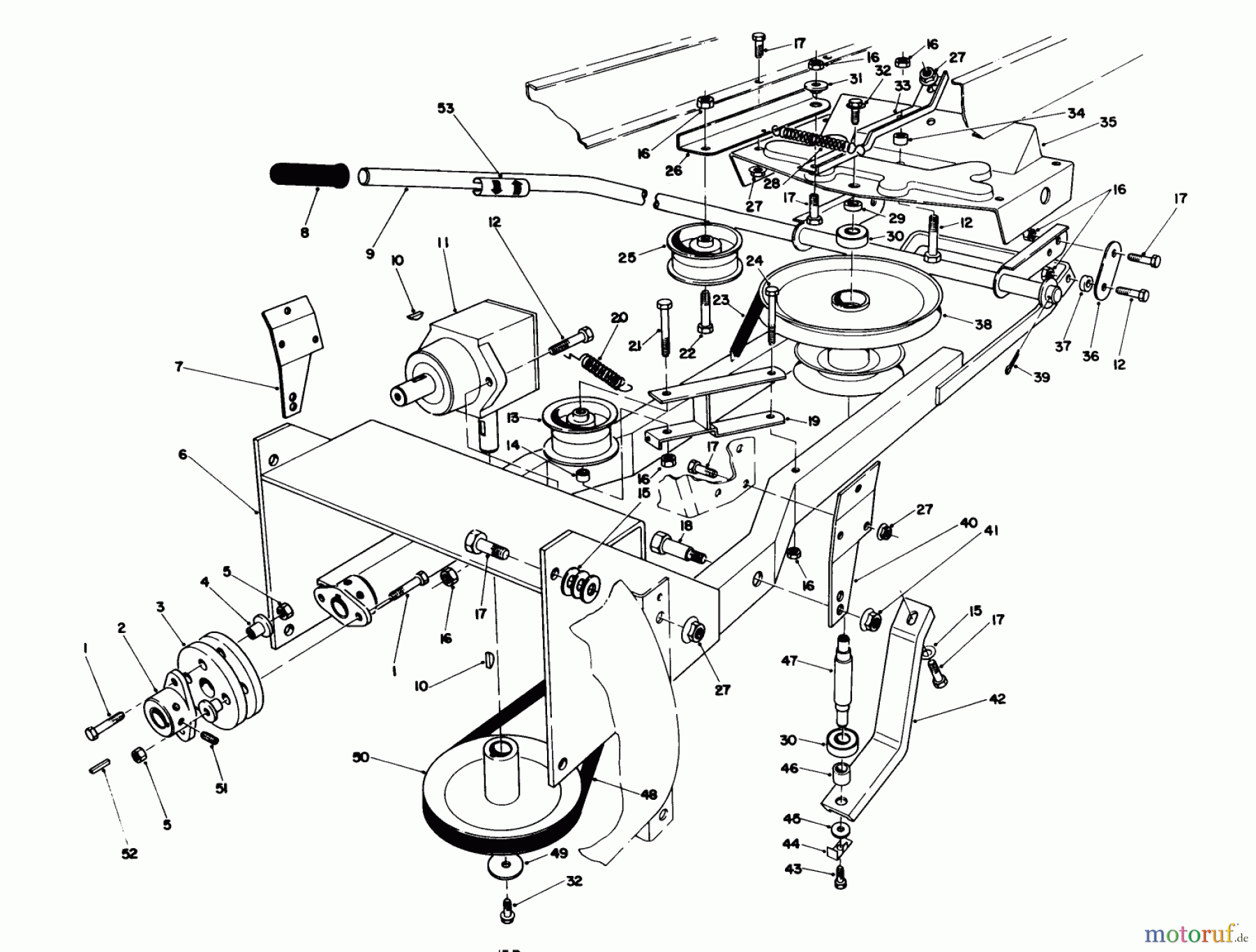 Toro Neu Mowers, Lawn & Garden Tractor Seite 1 57430 (12-44) - Toro 12-44 Pro Lawn Tractor, 1988 (8000001-8999999) FRAME & PULLEY ASSEMBLY 36