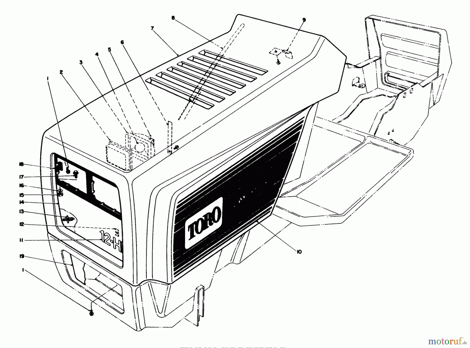 Toro Neu Mowers, Lawn & Garden Tractor Seite 1 57430 (12-44) - Toro 12-44 Pro Lawn Tractor, 1988 (8000001-8999999) HOOD ASSEMBLY