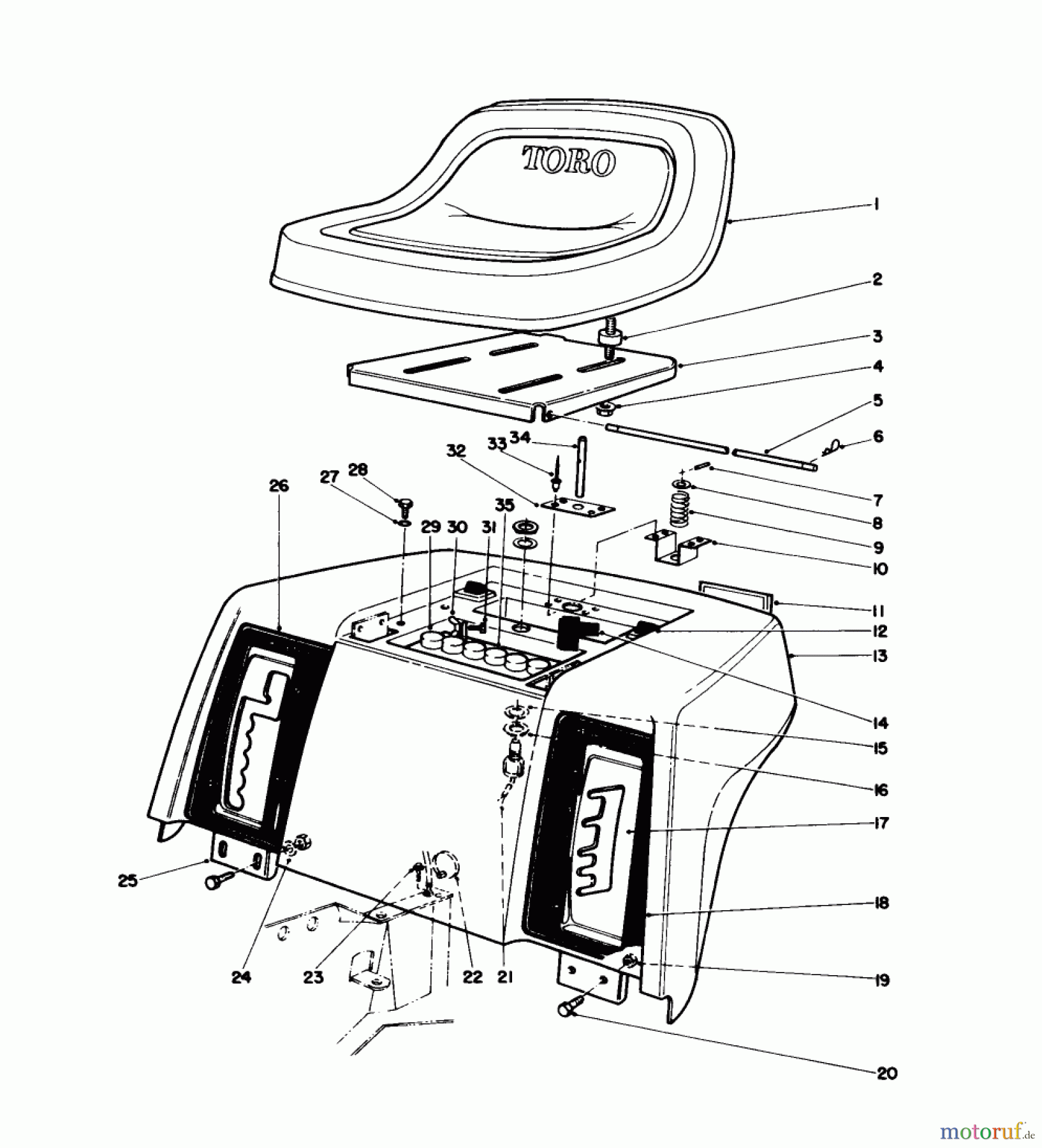 Toro Neu Mowers, Lawn & Garden Tractor Seite 1 57430 (12-44) - Toro 12-44 Pro Lawn Tractor, 1988 (8000001-8999999) REAR BODY & SEAT ASSEMBLY