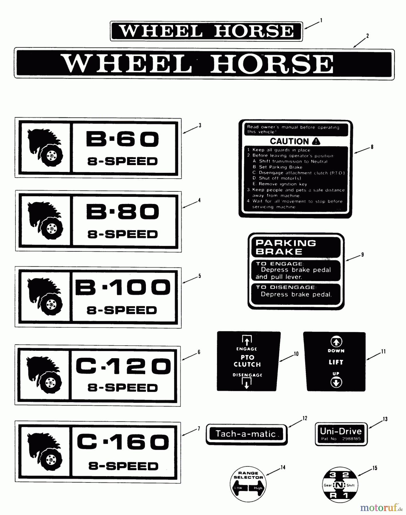 Toro Neu Mowers, Lawn & Garden Tractor Seite 1 71-08K801 (B-60) - Toro B-80 8-Speed Tractor, 1977 DECALS