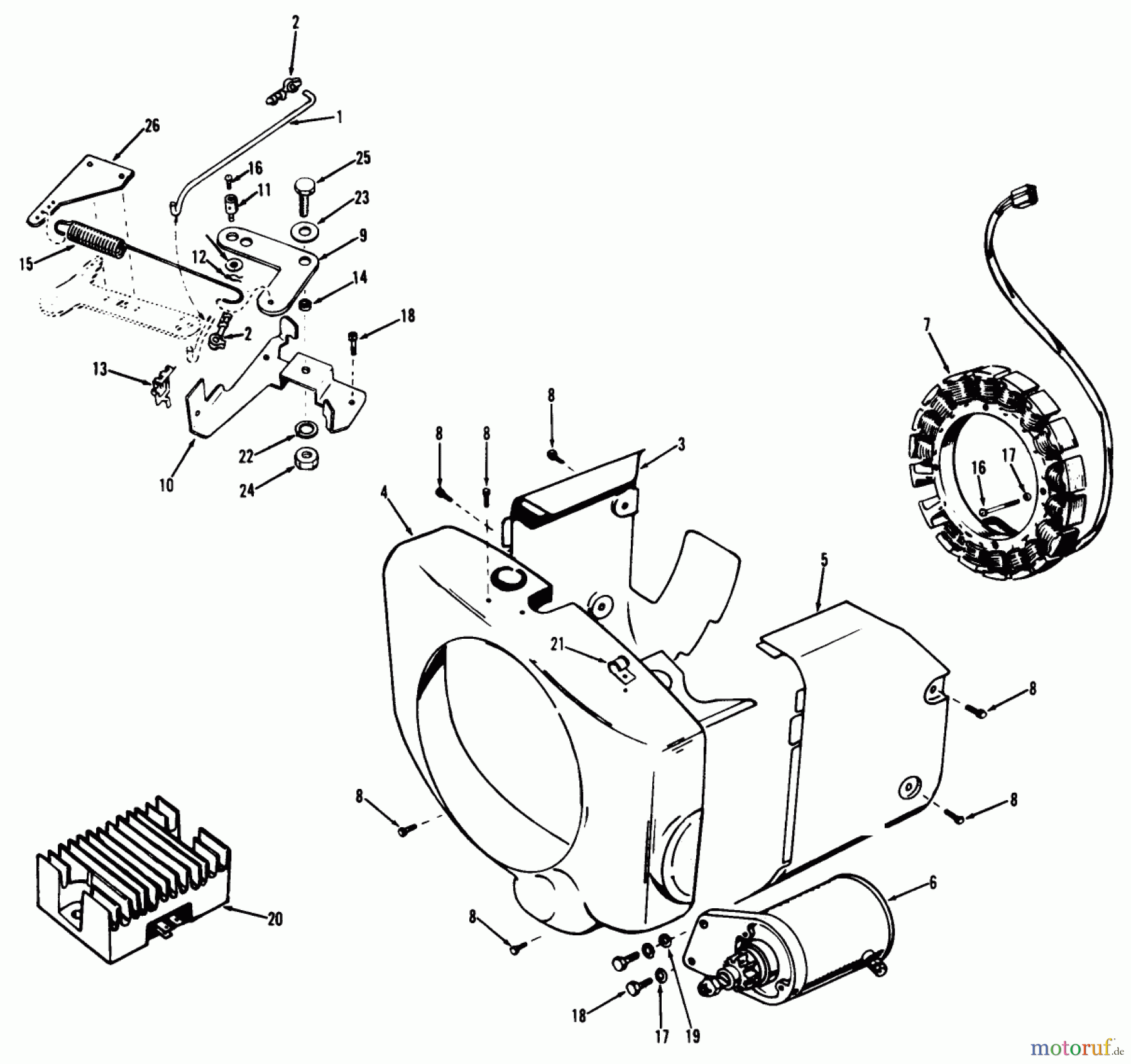 Toro Neu Mowers, Lawn & Garden Tractor Seite 1 71-16OS01 (D-160) - Toro D-160 Automatic Tractor, 1977 D-160 ONAN ENGINE, GOVERNOR, STARTER, CHARGING ALTERNATOR AND BLOWER HOUSING GROUP
