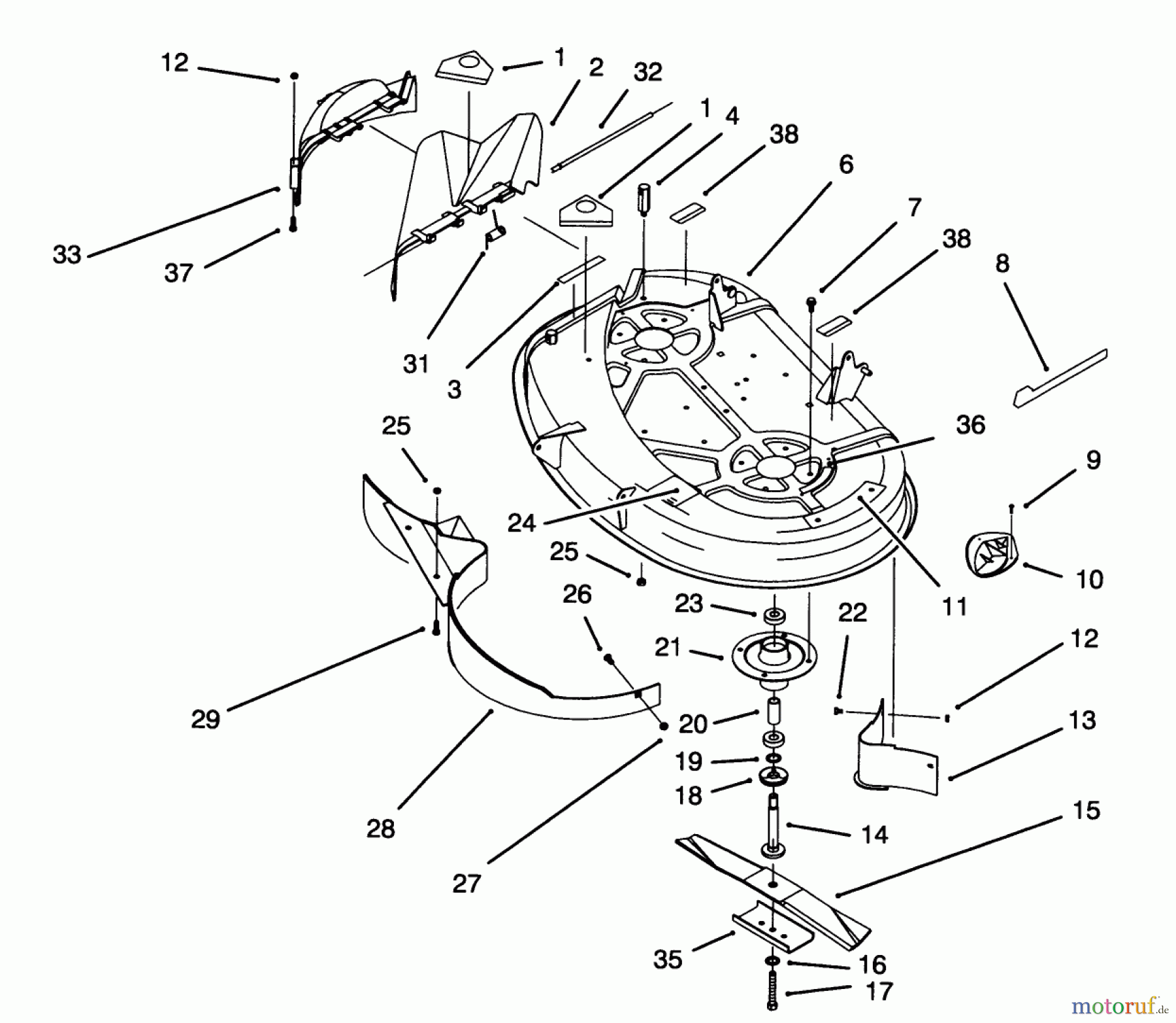 Toro Neu Mowers, Lawn & Garden Tractor Seite 1 71184 (12-38XL) - Toro 12-38XL Lawn Tractor, 1995 (5900001-5910000) HOUSING & SPINDLE ASSEMBLY (38