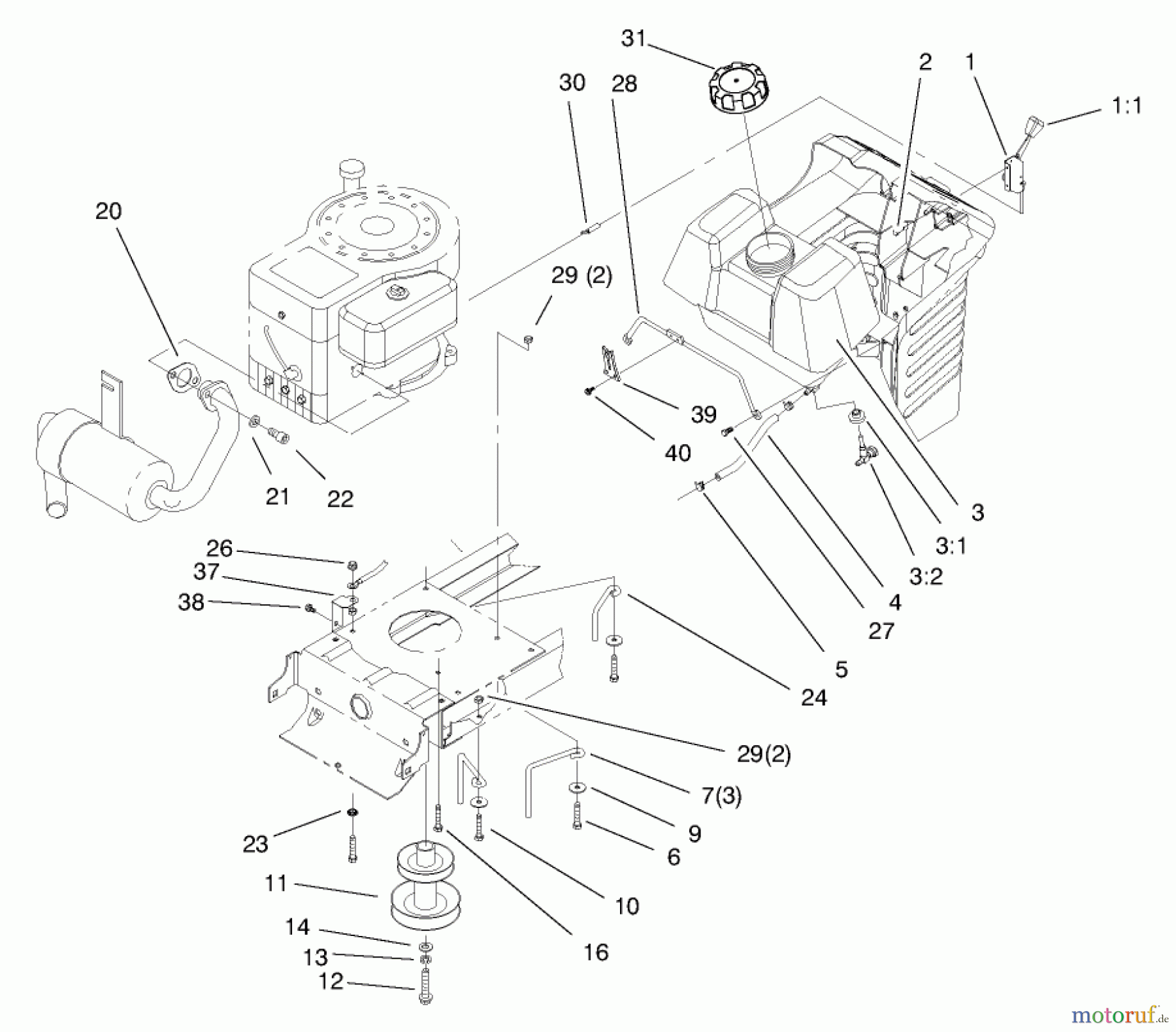 Toro Neu Mowers, Lawn & Garden Tractor Seite 1 71190 (13-38XL) - Toro 13-38XL Lawn Tractor, 1998 (8900001-8999999) GAS TANK & ENGINE PULLEY ASSEMBLY